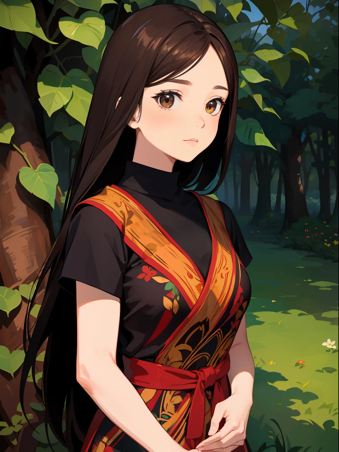 masterpiece, best quality, woman wearing black batik, brown hair, outdoor, upper body, studio ghibli style