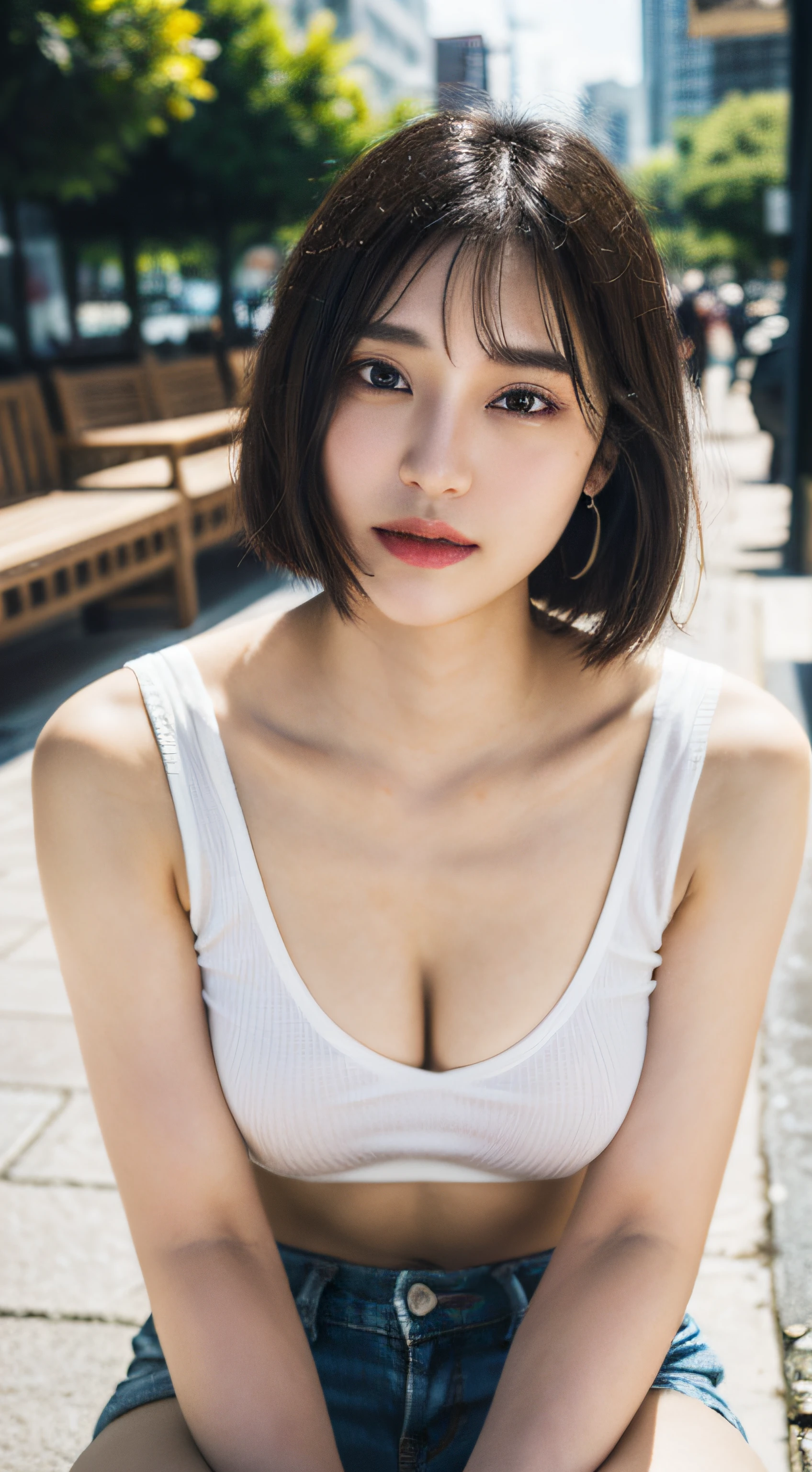 (8k, RAW Photo, Best Quality, Masterpiece:1.2), Ultra Detail, Super Resolution, (Realistic, Realistic Photo:1.37), Portrait, High Detail RAW Color Photo, Professional Photo, Extremely Detailed and Beautiful, Extremely detailed, 8k wallpaper, amazing and detailed, huge file size, official art, highly detailed CG unity 8k wallpaper, highly detailed beautiful girl, highly detailed face, highly detailed eyes, highly detailed skin, highly detailed fingers, highly detailed nose, very detailed detailed mouth , perfect anatomy, highly detailed background, highly detailed clothes, 1girl, (20:1.2), 20s, cute girl, realistic body, petite, fair skin, glowing skin , slim body, handsome body, black hair , short hair, (blunt bangs:1.2), smile, cute, youthful, cute face, realistic face, delicate eyes, drooping eyes, lingerie, see-through, earrings, looking at viewer, facing front, sit on bench, Contraposto, dynamic lighting, huge breasts, very detailed park background, (full body:1.5), braless
