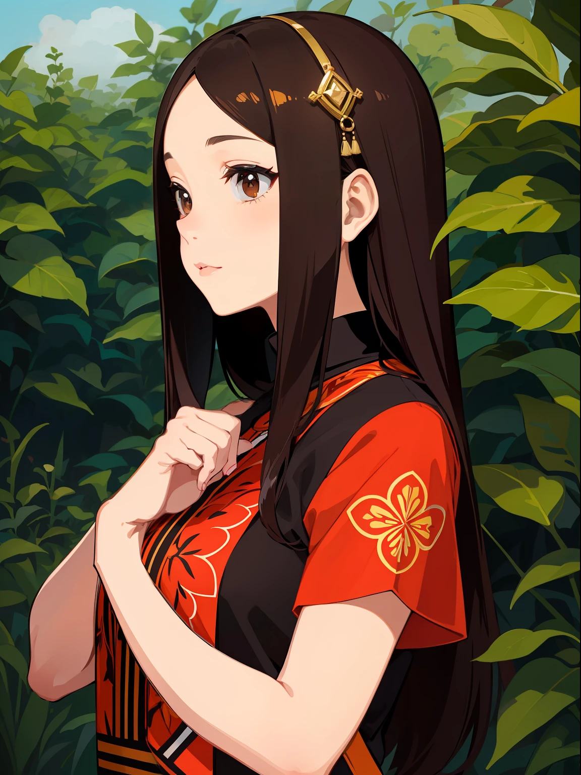 masterpiece, best quality, woman wearing black batik, brown hair, outdoor, upper body, studio ghibli style