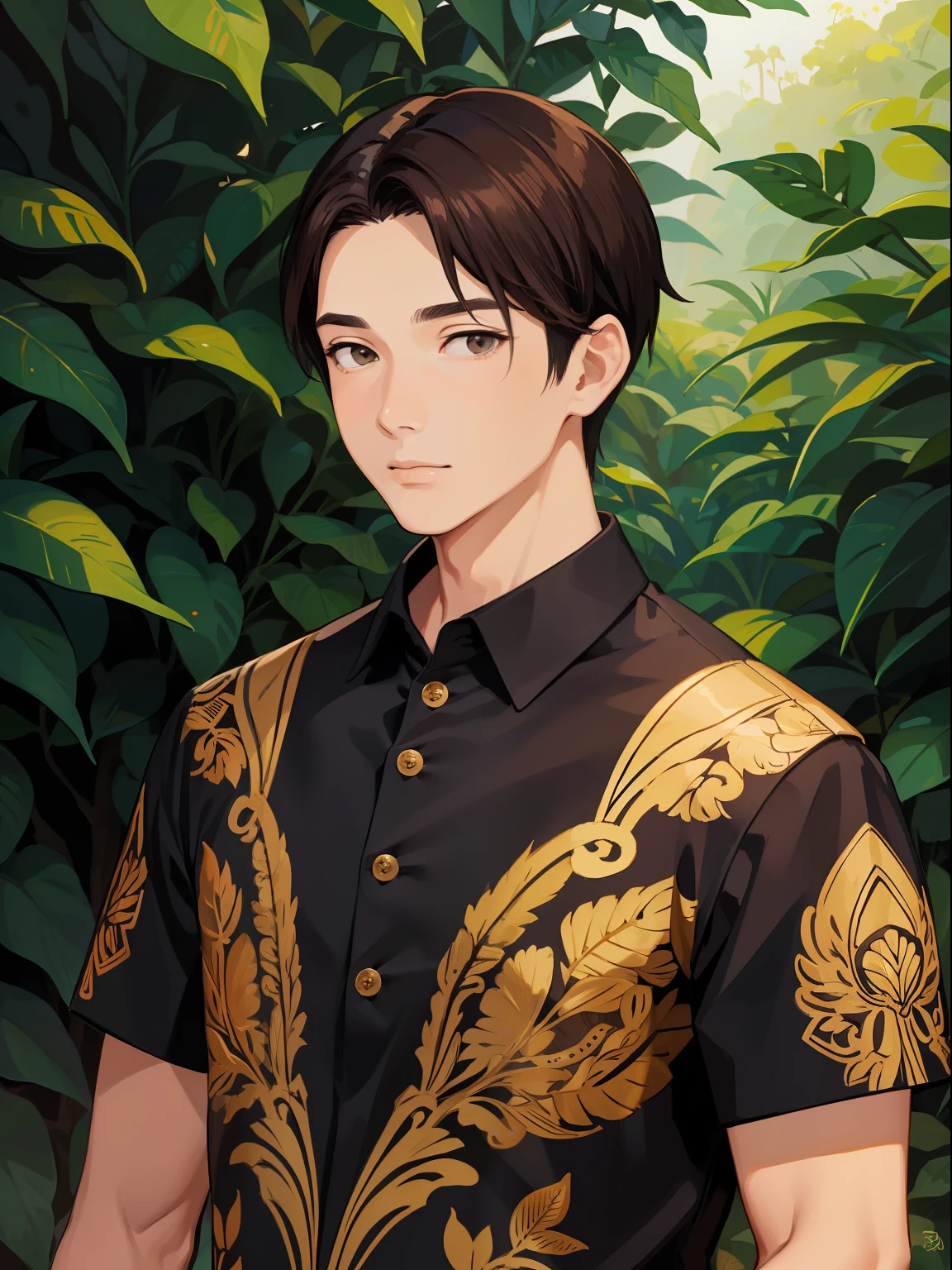 masterpiece, best quality, man wearing black batik, brown hair, outdoor, upper body, studio ghibli style