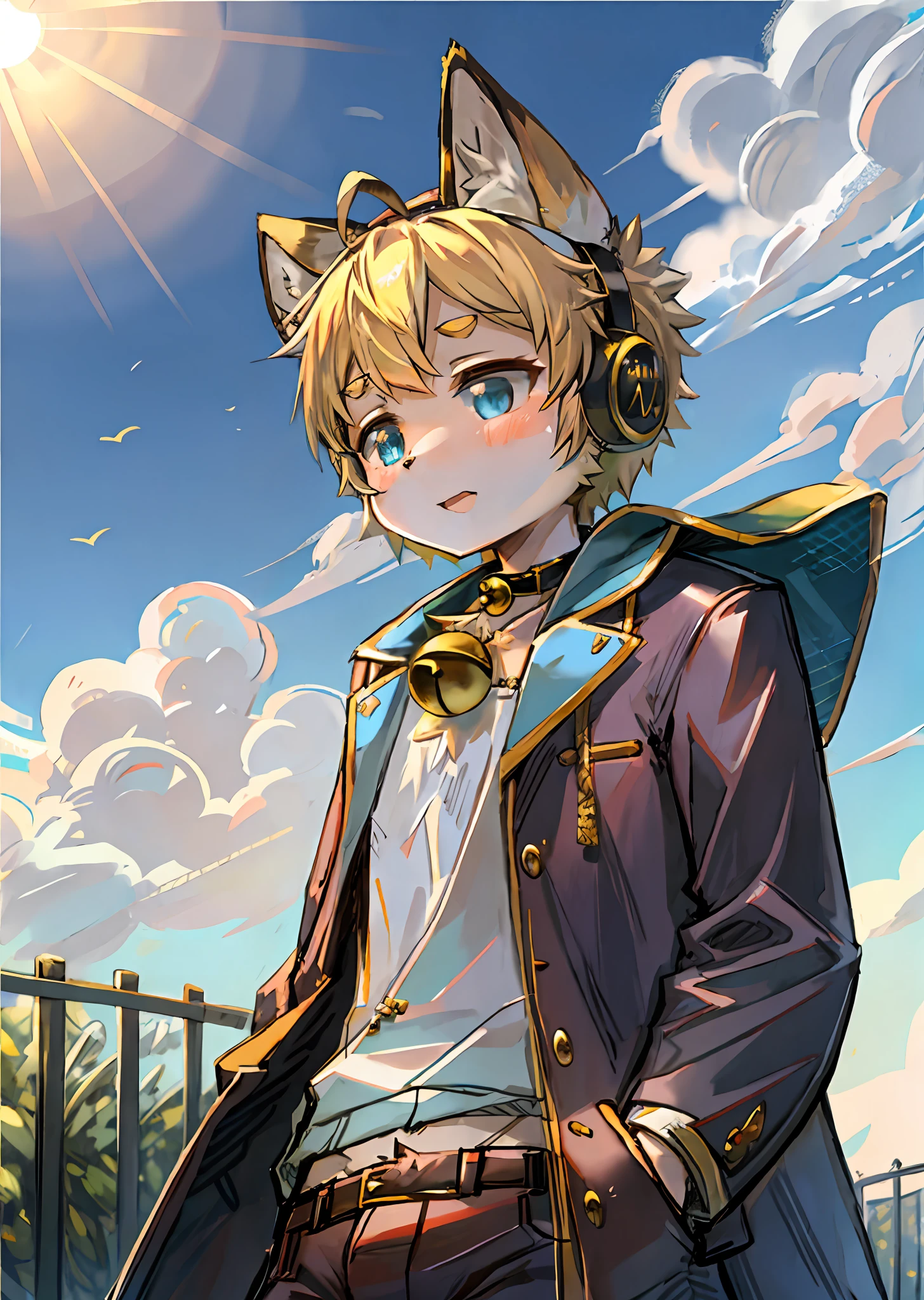 spheres,trpical garden,Adhesive bandage,short detailed hair,blond hairbl,ahoge,Bell collar,Earphone,lowerbody,Gamine,hairy pubic,Cat ears,with her mouth open,clouds,daysies,Skysky,suns,in summer,No spots,Cubs,Yellow hairs everywhere,Yellow fur everywhere,Cat ears,Cat type,Big fluffy tail,tmasterpiece,High-quality portraits,human - shaped,Cubs,sbeard,Solitary child boy,ventania,posing on a,full-shot,Sky blue coat,grey shorts,Yellow scarf,White color blouse,Super cute face,mano,meat mat,Layered,Furry,Hypnosis,Obey,Flush,Kneel,lost eyesight