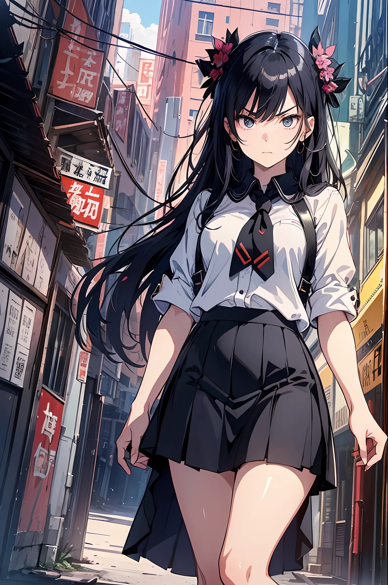 master piece,hyper quality, Hyper Detailed,Perfect drawing,nffsw,3d,in 8K,1人、a beauty girl,Wearing a black sailor suit with long black hair, pleatedskirt(Maxi skirt:1.3), standing with hands in her pockets, ((Glaring at me sharply, Condescending look from above)), Beautiful girl with an amazing face, long eyelashes, Slum、harems、(High heel sandals)、Dark eyeliner、Outrage、beatiful backgrounds、Detailed drawing、Accurate drawing、Anatomy of the human body、(((Shot from diagonally below)))、dignity、dignity、humble、domination、Strong surface