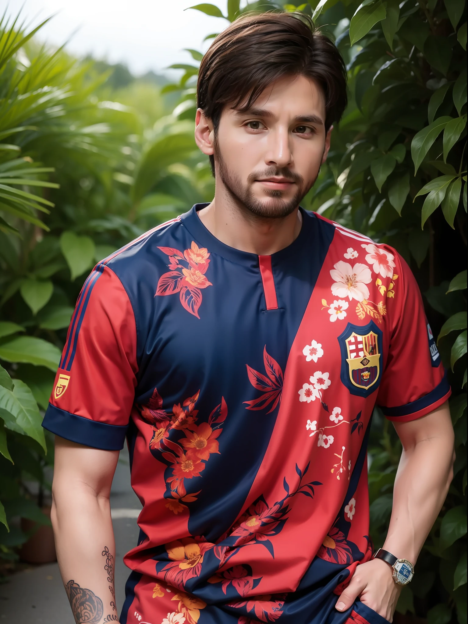 masterpiece, best quality, lionel messi wearing batik, outdoor, upper body