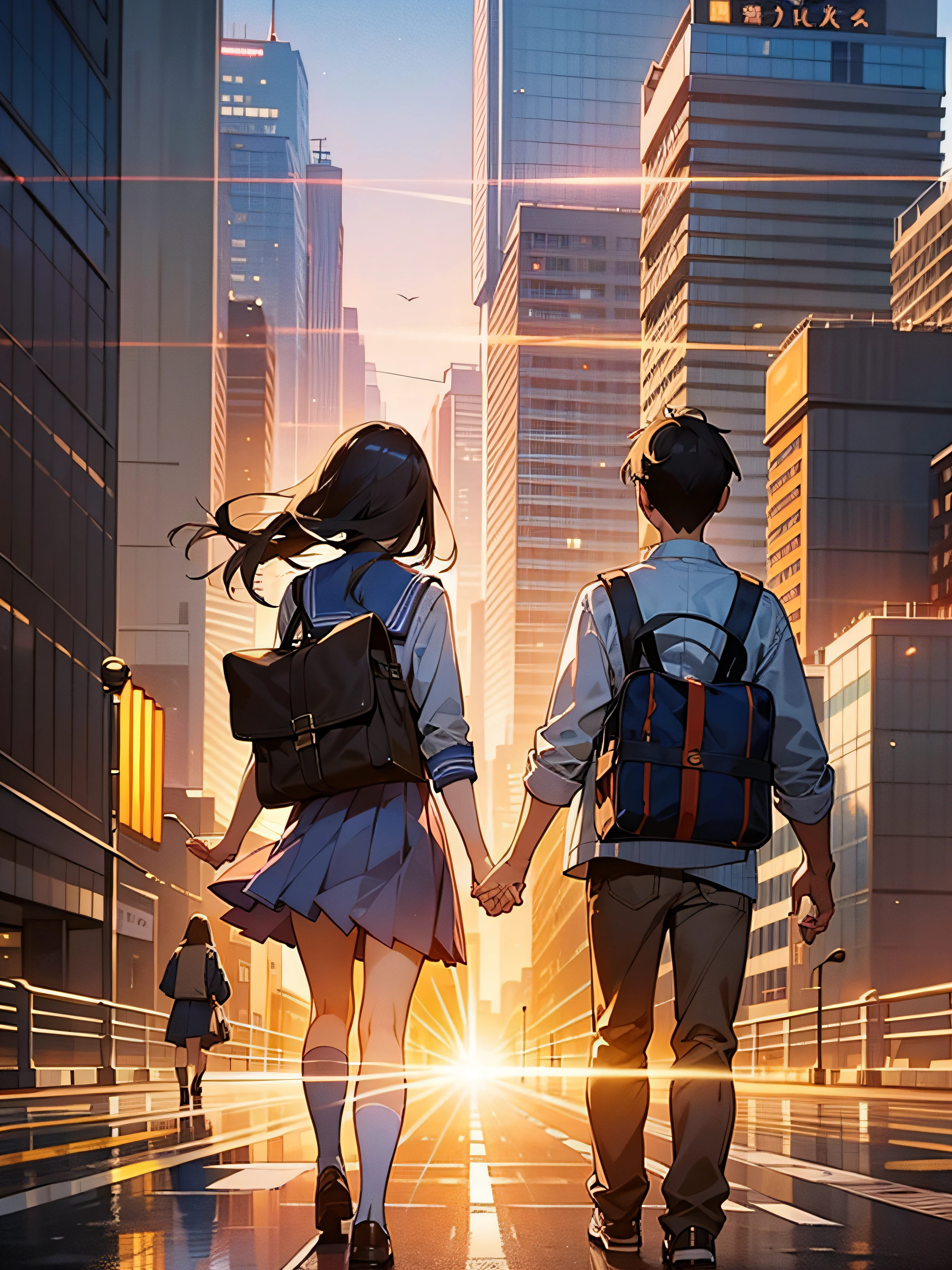 ultra high quality, highly rated ,the best evaluation ,1 wide shot of only a couple of high school students walking streat that continue to horizon, holding hand, from behind , dawn, with the city building in the background, (detailed face), (detailed body), air-laden school uniform, vanishing point, professional lighting, reflection light,lens flare, poster of main visual, cinematic,geographically correct, anatomically correct,
