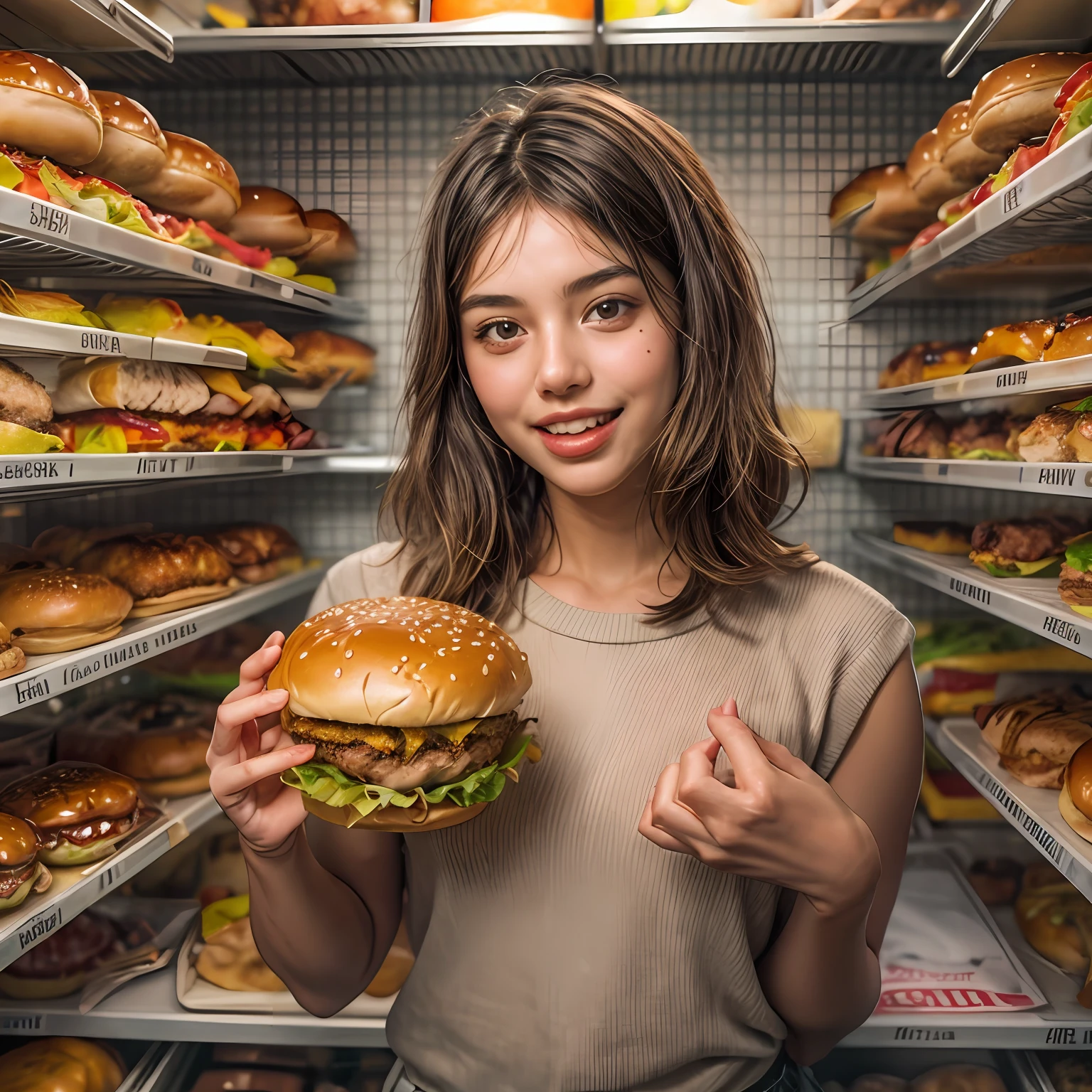 arafed girl holding a hamburger in front of a shelf of hamburgers, super realistic food picture, realistic style, eating burgers, realistic artstyle, realistic art style, realistic food, girl in real life, realistic lighting, serving burgers, realistic young girl, eating a burger, photorealistic girl ,