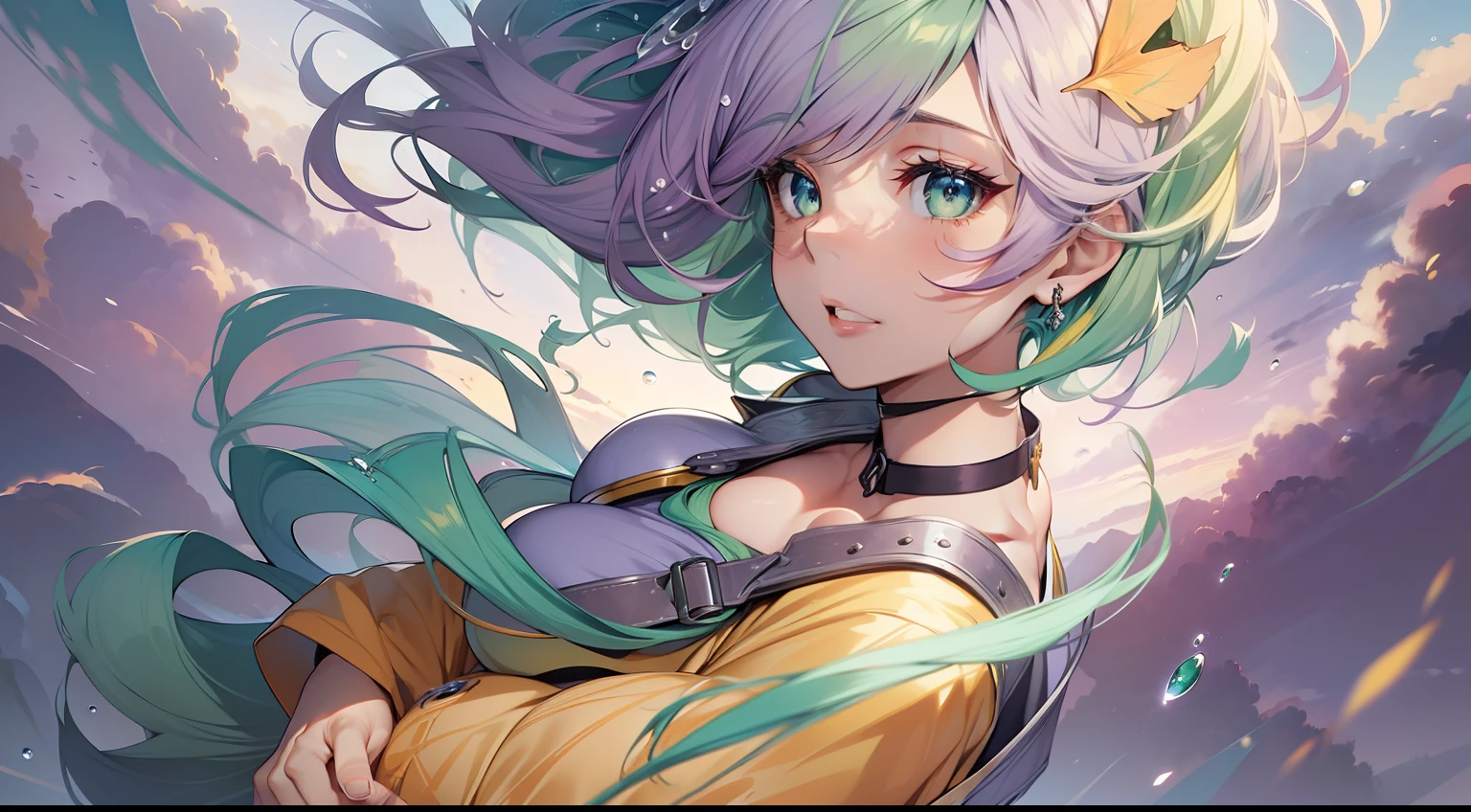 (((tmasterpiece))),Best Picture Quality,Ultra HD details,Extremely exquisite CG unified 8K wallpaper,best illustration,An extremely delicate and beautiful girl floats in the air,Top-down view,dynamicposes,(1little girl),eBlue eyes,(Colorful hair+silber hair:1.3+redheadwear:1.2+Purple hair big breasts+Yellow-haired:1.3+Green hair:1.3),White martial arts costume,Neck strap,beautiful countenance,Countless droplets,Clouds,eventide,wide angles,Watercolor effect
