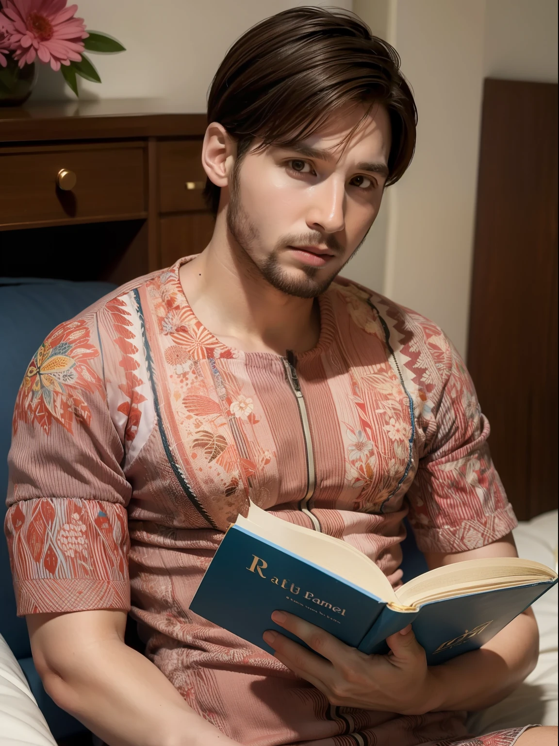 batik_dress, masterpiece, best quality, Lionel Messi wearing batik, reading a book, upper body, short hair