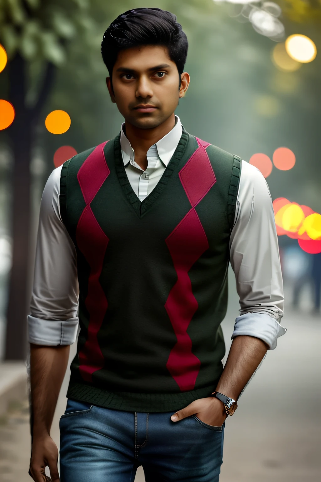 photo of an Indian man, wearing a red argyle vest, green collared shirt, and black jeans,  bokeh, outdoor background, masterpiece, high quality, photorealistic, fashion