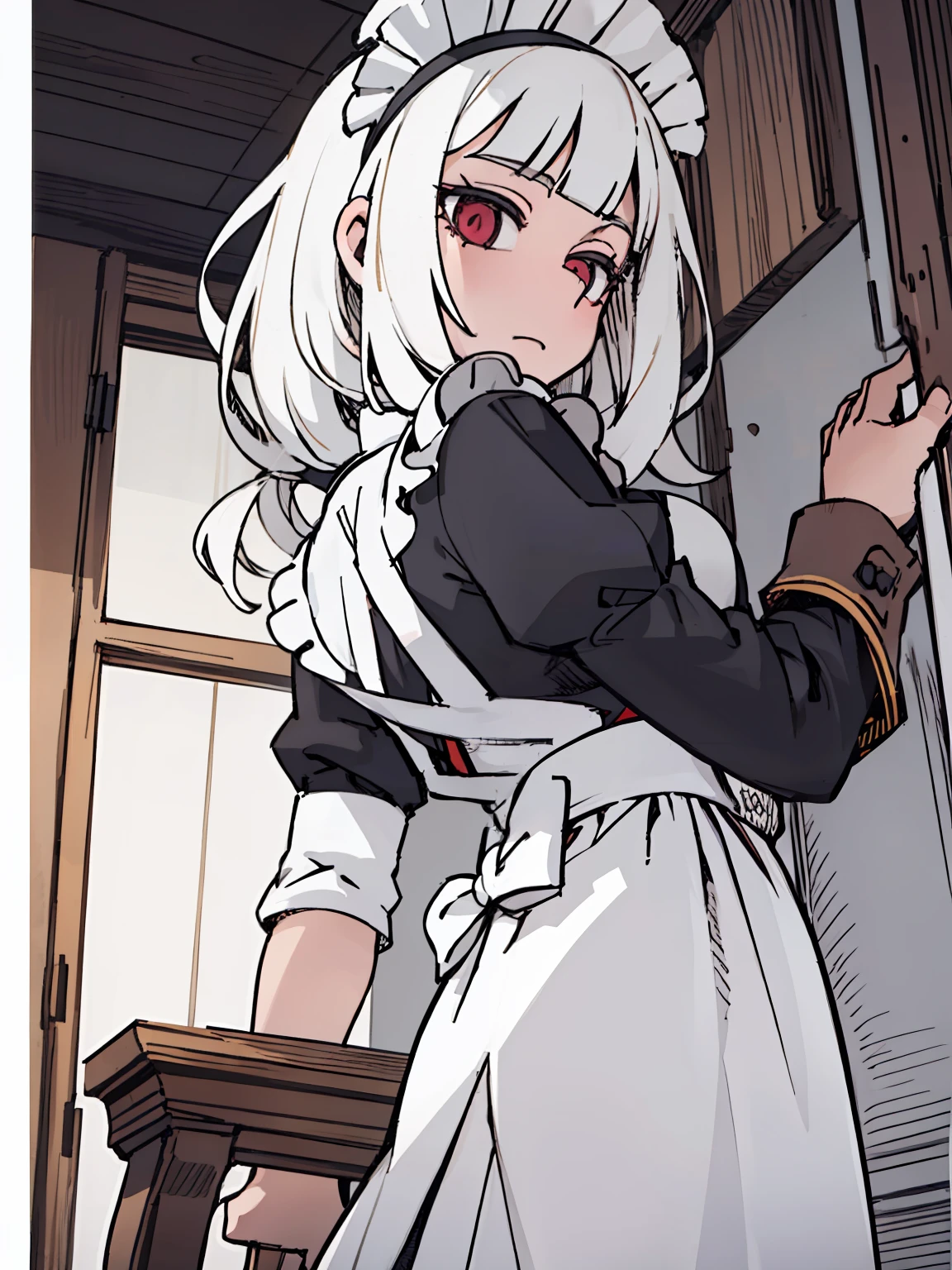 A girl frontal,((Three-quarters),(Long curly white hair),(the maid outfit)),Young, White background