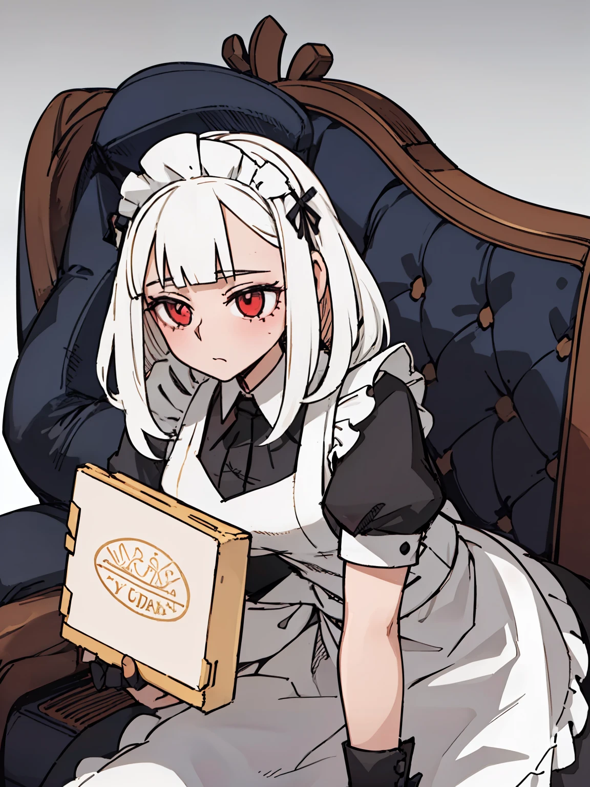 A girl frontal,((Three-quarters),(Long curly white hair),(the maid outfit)),Young, White background