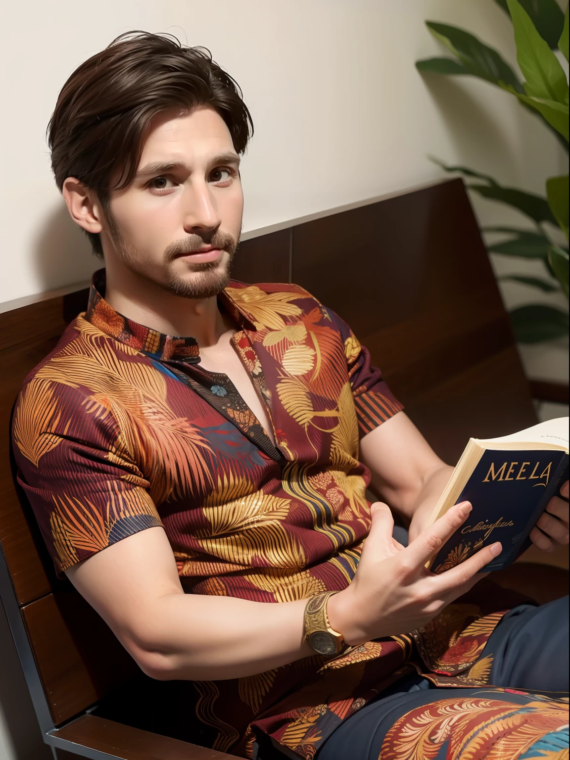 batik_dress, masterpiece, best quality, Lionel Messi wearing batik, reading a book, upper body, short hair