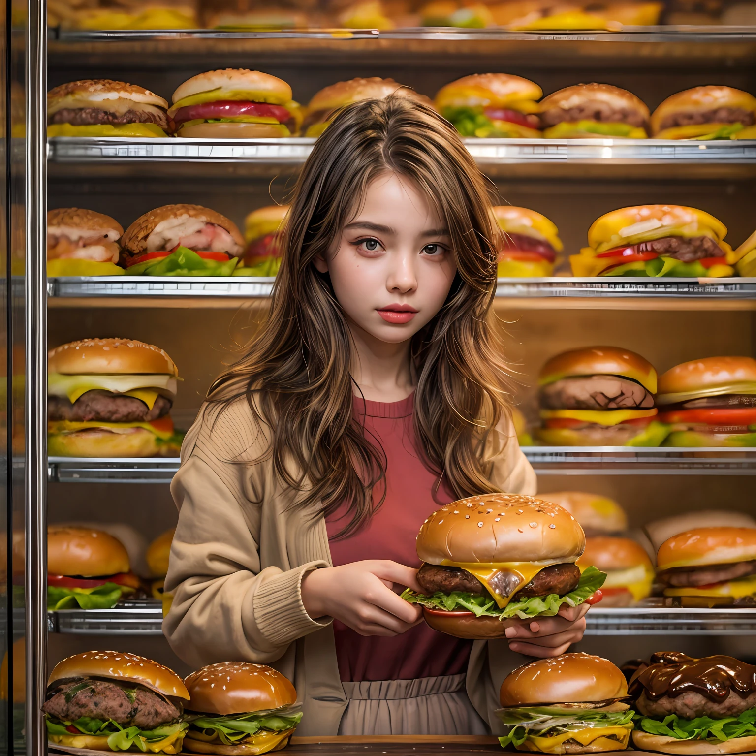 arafed girl holding a hamburger in front of a shelf of hamburgers, super realistic food picture, realistic style, eating burgers, realistic artstyle, realistic art style, realistic food, girl in real life, realistic lighting, serving burgers, realistic young girl, eating a burger, photorealistic girl ,