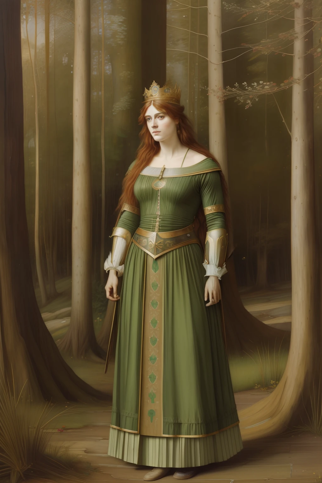 "(((Pre-Raphaelite painting))), rei celta, man, king Arthur, barba ruiva, figura masculina, roupas de ouro, Celtic symbols, crown on her head, roupa celta, coroa de folhas de carvalho, grande carvalho, giant tree oak, leaves, Floresta encantada"