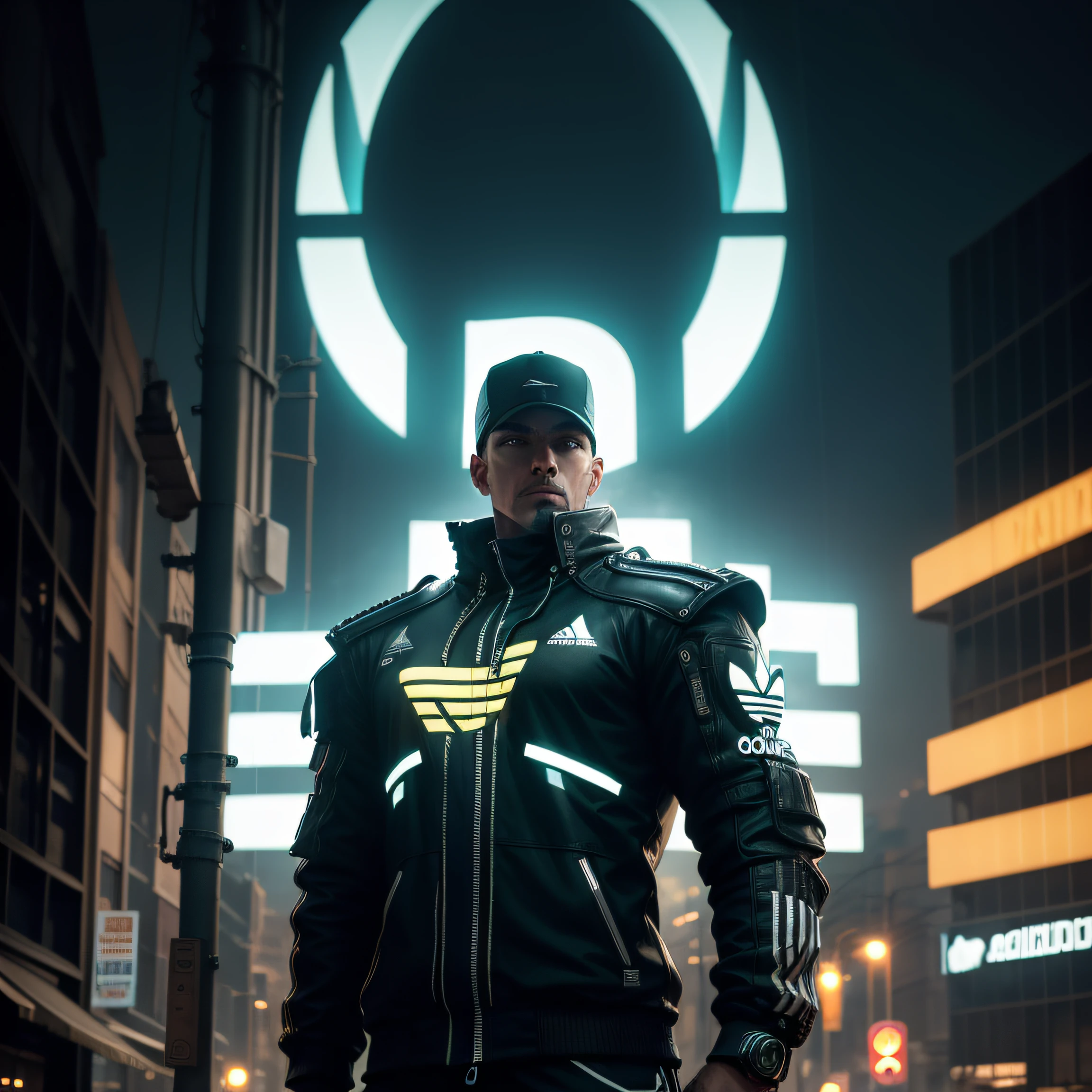 Cartel futurista con el logo de adidas en backlight, en vista de tres cuartos a camara, luz blanca en una ciudad de noche oscura, neon, en estilo steampunk, con cables, partes mecanicas, retro, cartel luminoso, noche, realista, fotografico, alto detalle, fotorealista