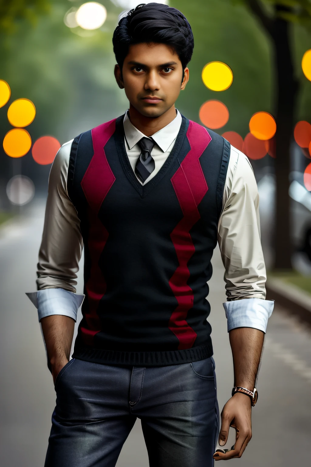 photo of an Indian man, wearing a red argyle vest, green collared shirt, and black jeans,  bokeh, outdoor background, masterpiece, high quality, photorealistic, fashion