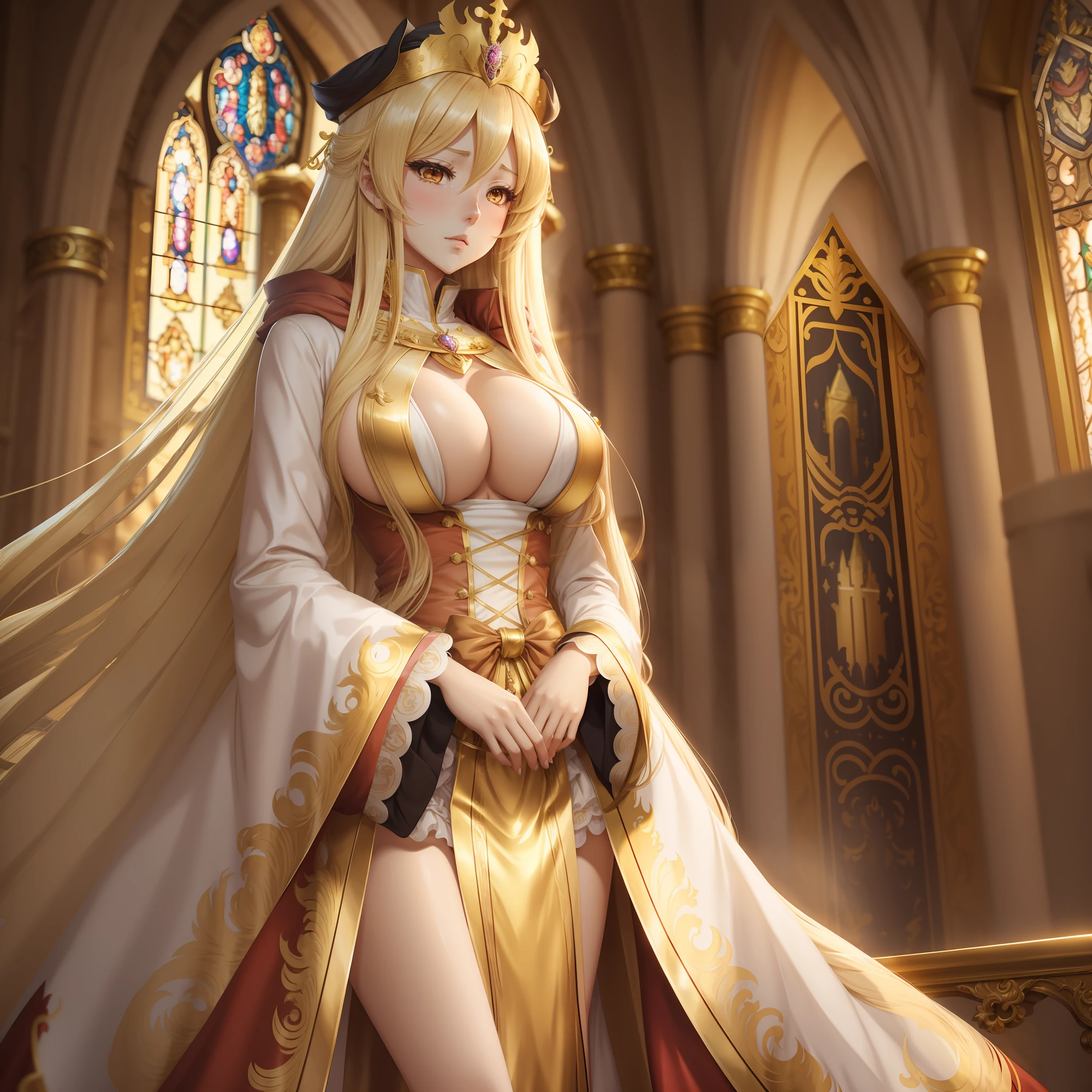anime big breast,Blonde long straight hair,Long hair and waist,Solemn ta,Golden queen cloak ladyly temperament,full bodyesbian,The background is the church,Stand down and look down,high qulity,ultraclear,tmasterpiece,top-quality --auto