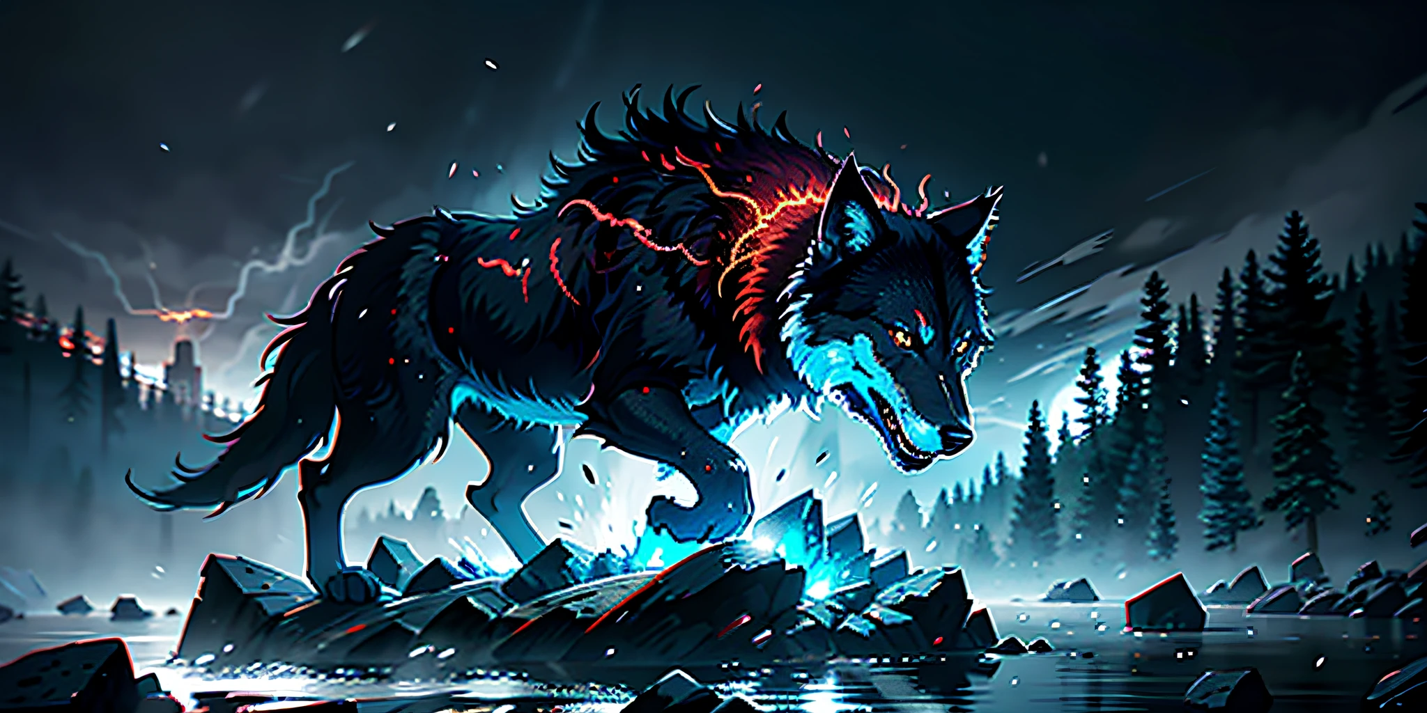Wolf God, Ultra photo realsisim, Tension, Cold, Highly detailed, Sharp focus, professional, 8K UHD, Cinematic, Dark, violent, Outdoor, River, battle, chase, Dramatic, Vivid, intense atmosphere, Renders, Epic, Twilight, hdr, album covers, Blizzard, Lightning, Cataclysm
