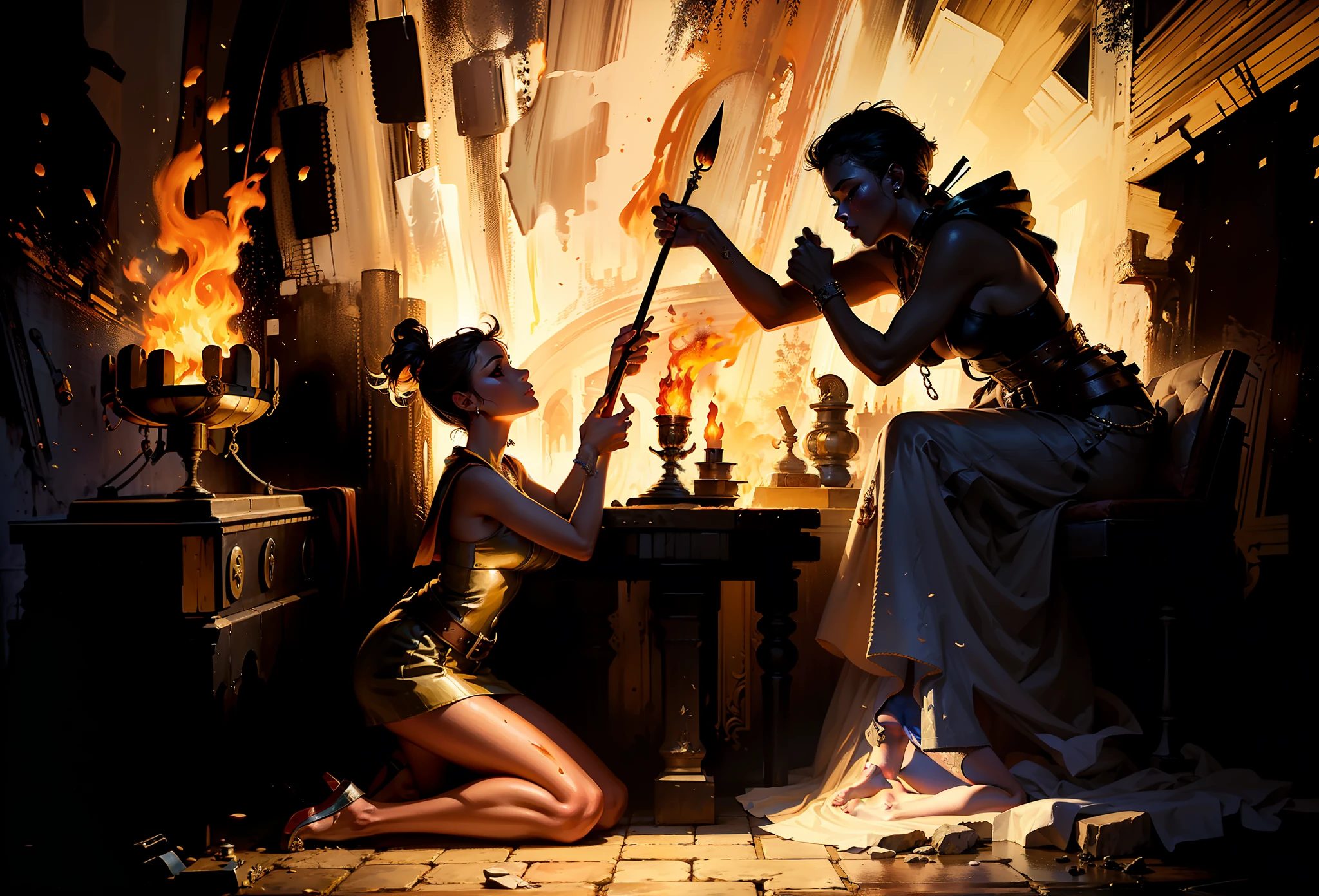 ((Raiders' clothing)), (((The face of a famous actress) )) ,(((A man bows before the throne))), ((Painted with paints), ((Splashes and smears)), (The Official Art of Paints)), , (female chest) , ((Successful pose)), ( Successful composition) , ((Torches with fire and spears are all around , Shaman's Castle)), (Stone floor), (Girl in orange dress with belts) , (The girl sits on a post-apocalyptic throne) , ((ember , Kneeling, kisses the girl on the feet,Who sits on the throne))