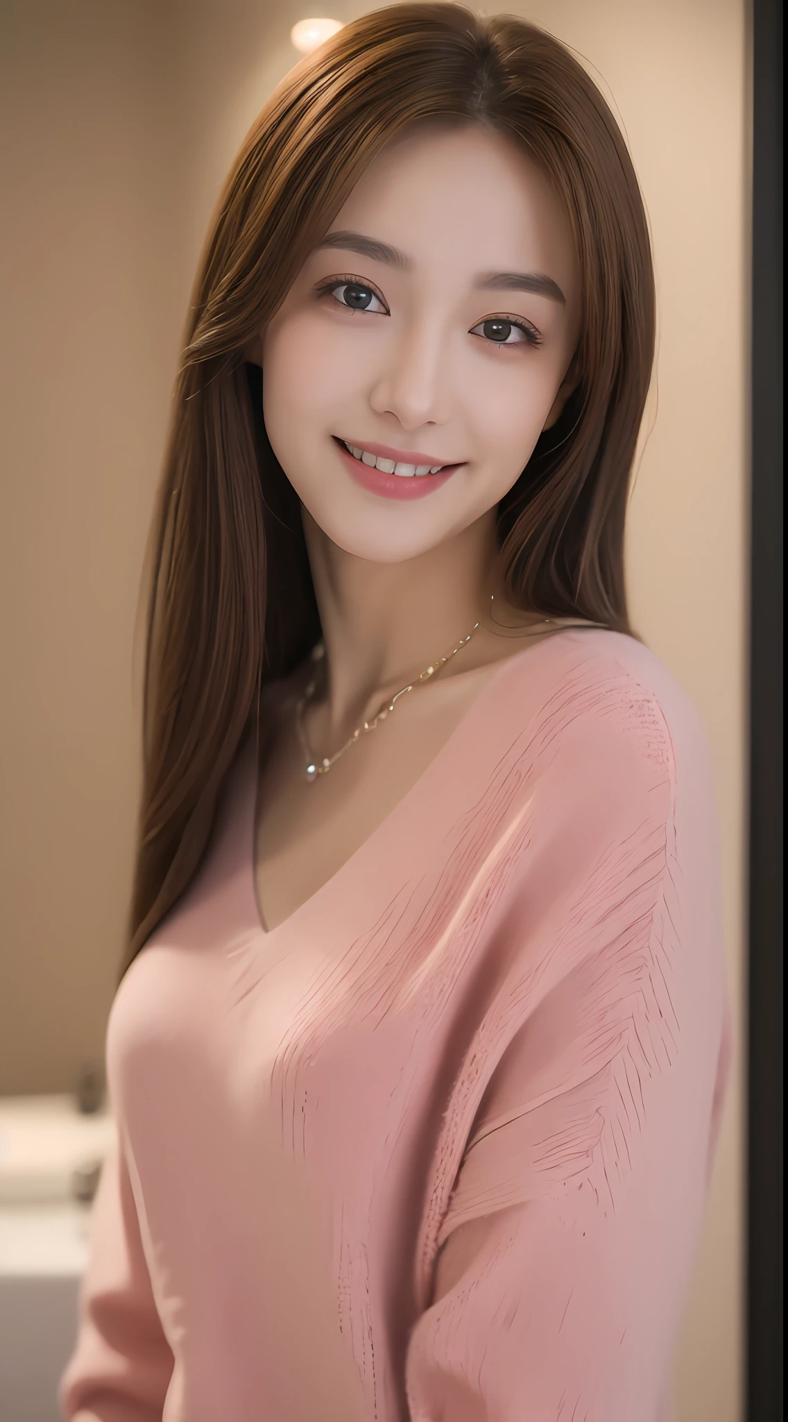 ((Night, Realistic Light, Best Quality, 8K, Masterpiece: 1.3)), 1girl, Slim Beauty: 1.4, Abs: 1.1, (Brown hair, Medium breasts: 1.3), Long pink sweater: 1.1, Bathroom, Super fine face, Delicate eyes, Double eyelids, smile, necklace