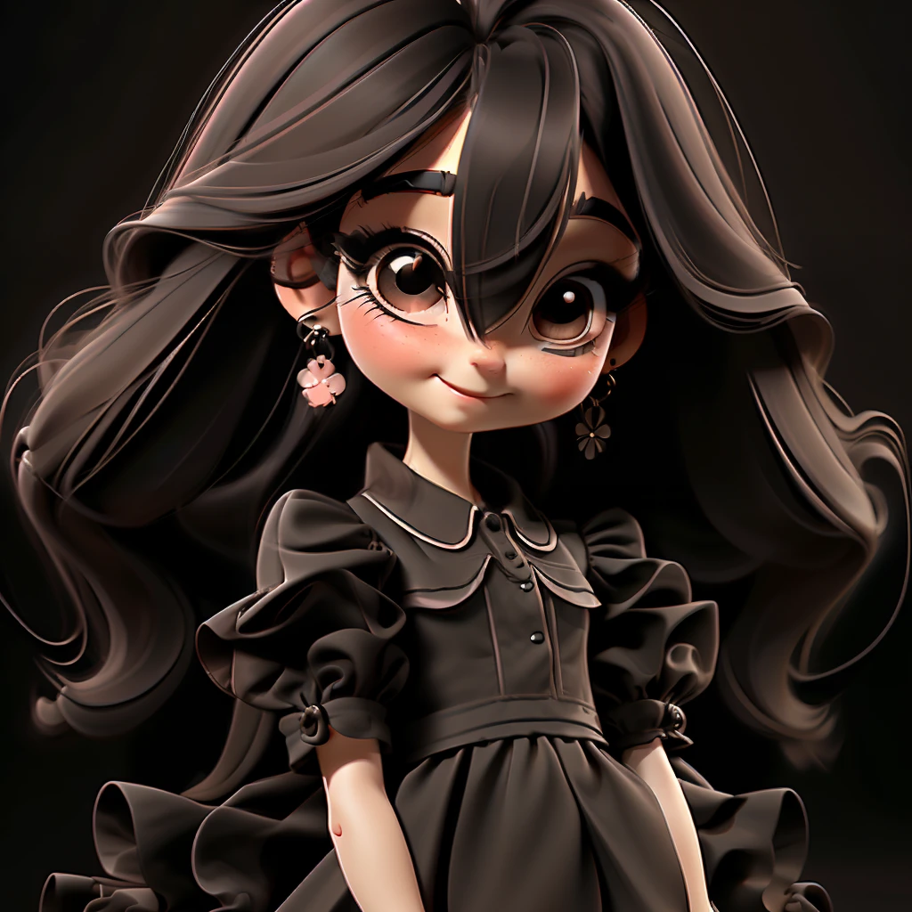 1girl, solo, long hair, BLACK eyes, black hair, smile, earrings, pajamas , short sleeves, jewelry, puffy sleeves, looking at viewer, dress, puffy short sleeves, upper body, simple background, BROWN dress, black background, blush, lips