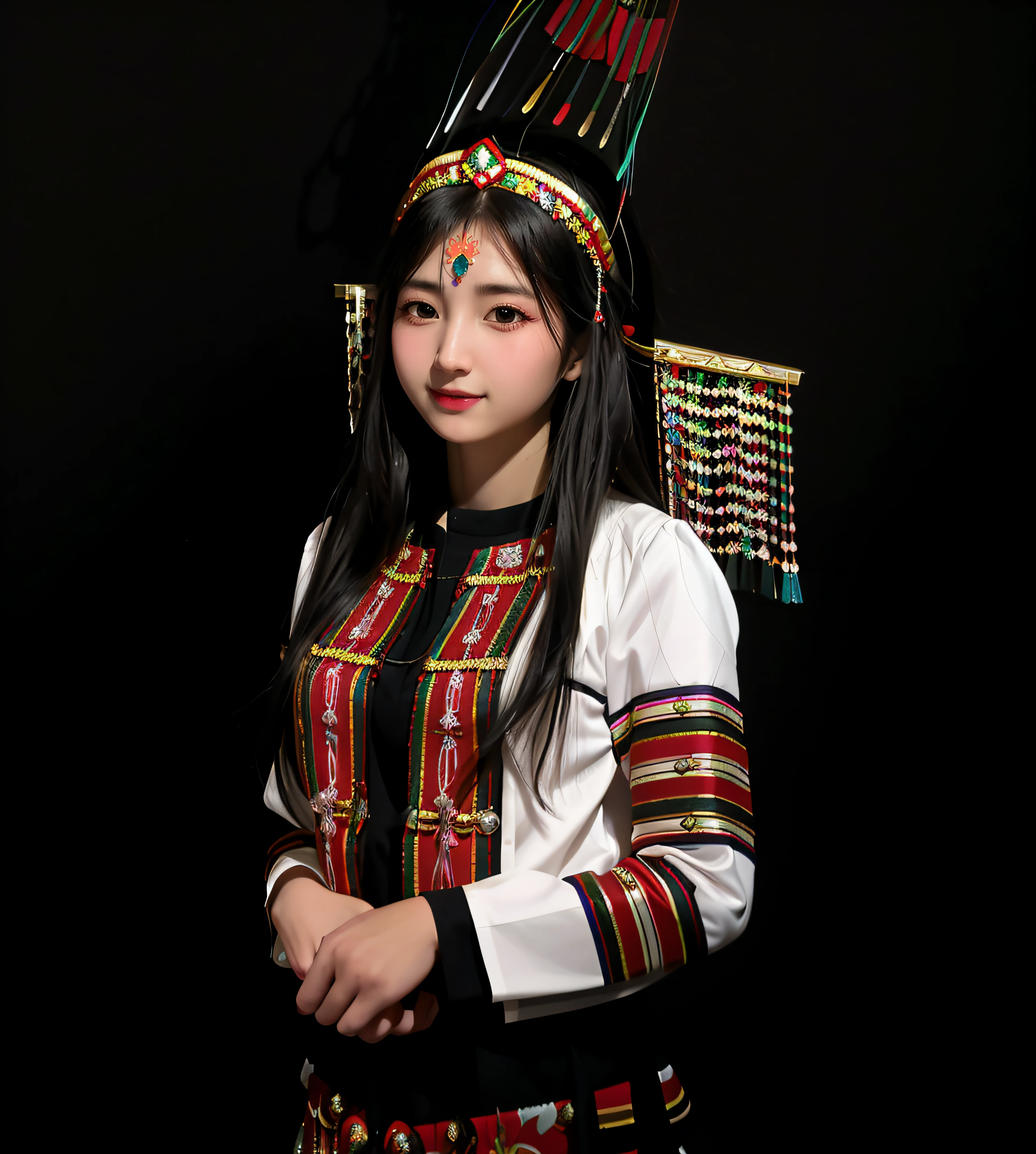 arafed woman in a colorful dress and headdress posing for a picture, traditional dress, traditional costume, wearing authentic attire, traditional clothes, traditional clothing, wearing traditional garb, a young woman as genghis khan, traditional tai costume, a young female shaman, a young asian woman, portrait of modern darna, wearing an elegant tribal outfit, traditional beauty