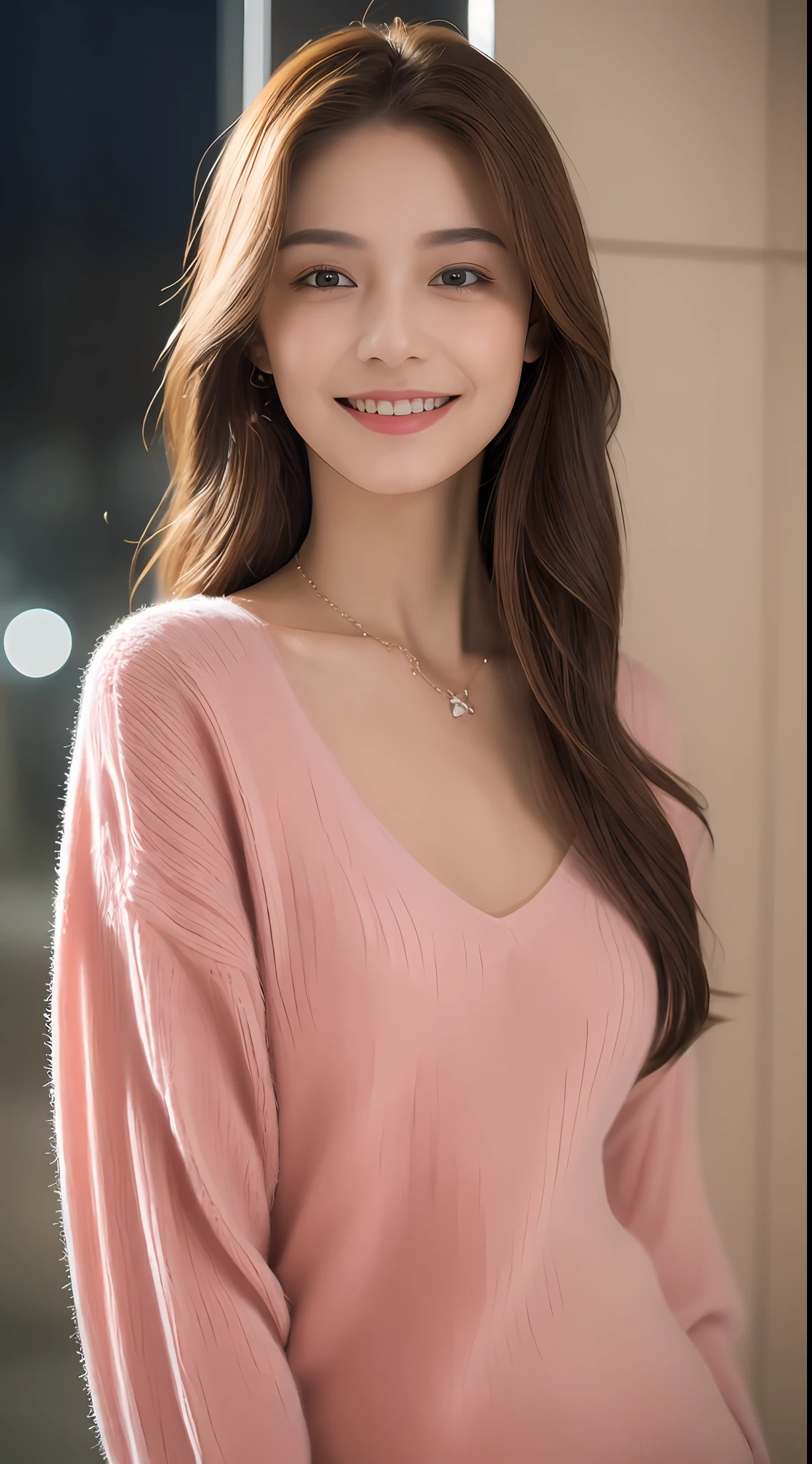 ((Night, Realistic Light, Best Quality, 8K, Masterpiece: 1.3)), 1girl, Slim Beauty: 1.4, Abs: 1.1, (Brown hair, Medium breasts: 1.3), Long pink sweater: 1.1, Bathroom, Super fine face, Delicate eyes, Double eyelids, smile, necklace