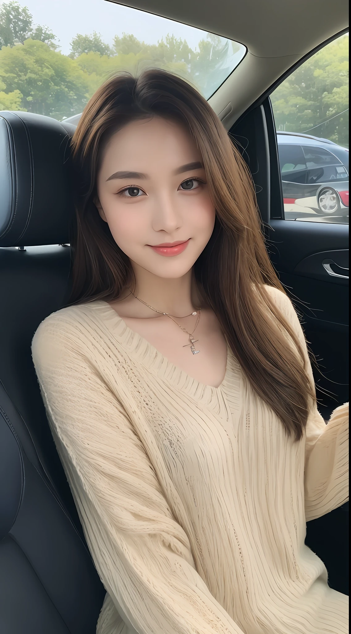 ((Best Quality, 8k, Masterpiece: 1.3)), Focus: 1.2, Perfect Body Beauty: 1.4, Buttocks: 1.2, ((Delicate Hair)), (Sweater Dress: 1.1), (Sports car, street: 1.2), Highly detailed face and skin texture, Fine eyes, Double eyelids, Whitened skin, Smile, Wearing necklace, ring, person sitting inside a car.