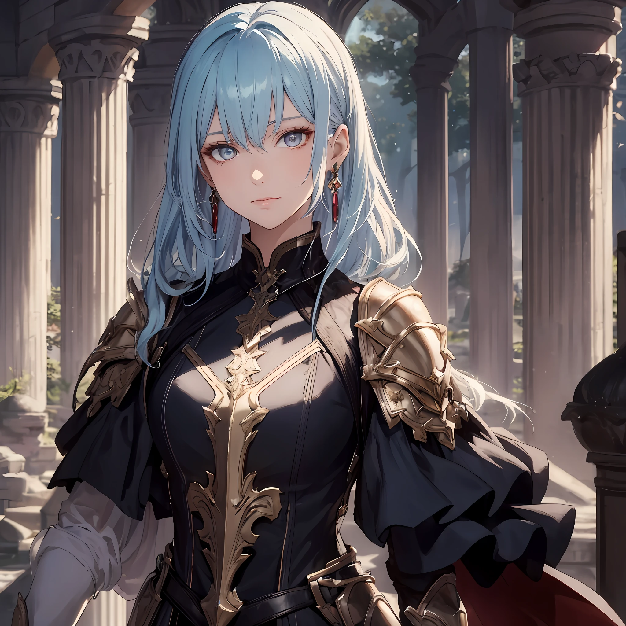 masterpiece, best quality, 1woman adult, female focus, solo, mix white and light blue hair, vibrant white eyes, looking at viewer, closed mouth, bangs, Fantasy aesthetics, fantasy earring, Highly detailed, shadowverse style, armor, black dress