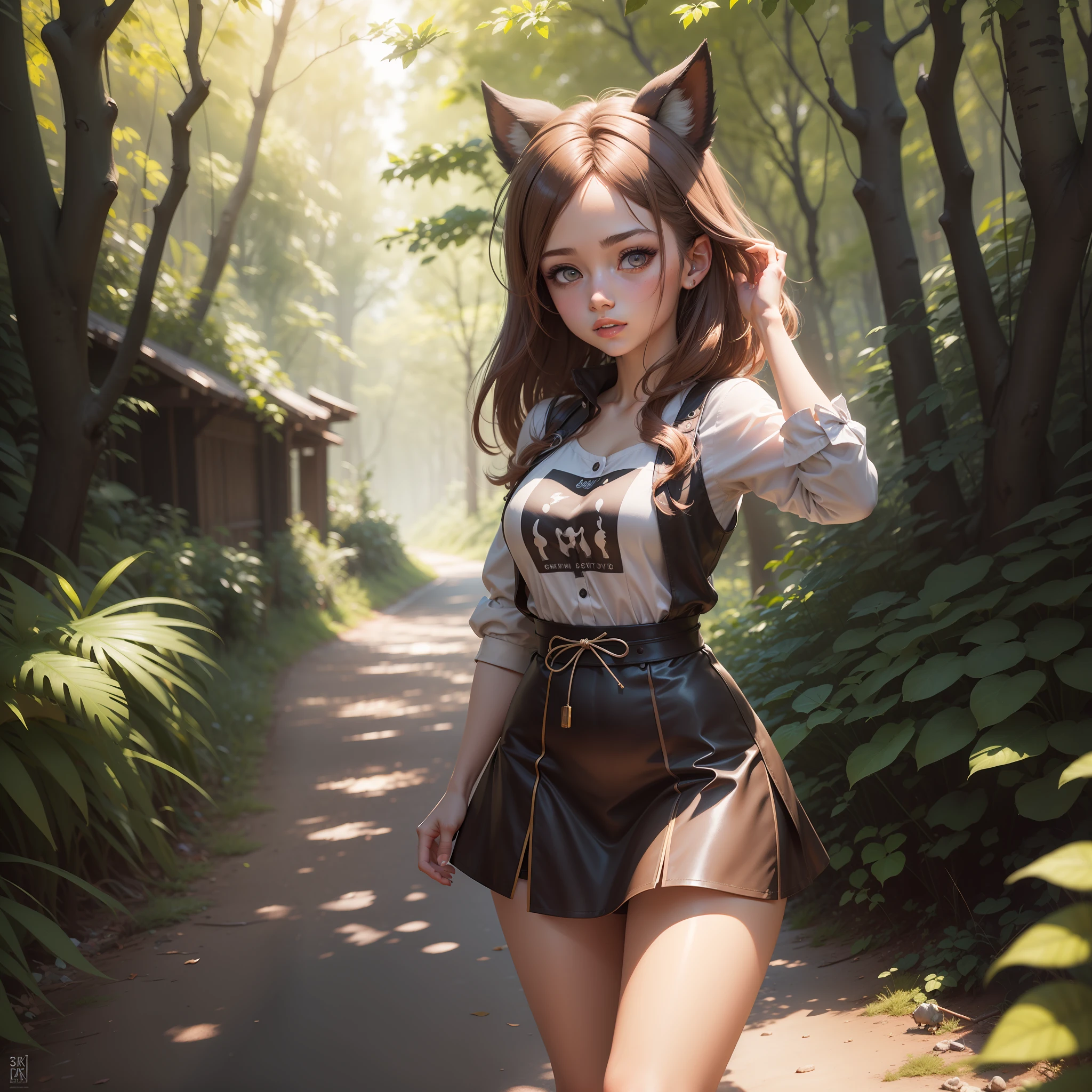 a beautiful girl with light eyes and brown hair in a short dress walking through the forest with various animals various poses and expressions,painting digital adorable, Estilo anime 3D realista, realistic fantasy rendering, Arte no estilo de Guweiz, 3 d anime realista, foto retrato suave 8 k, pintura realista da menina bonito, loish e wlop, anime fotorrealista, 8 k arte digital realista, bonito 3 d render, bela foto realista