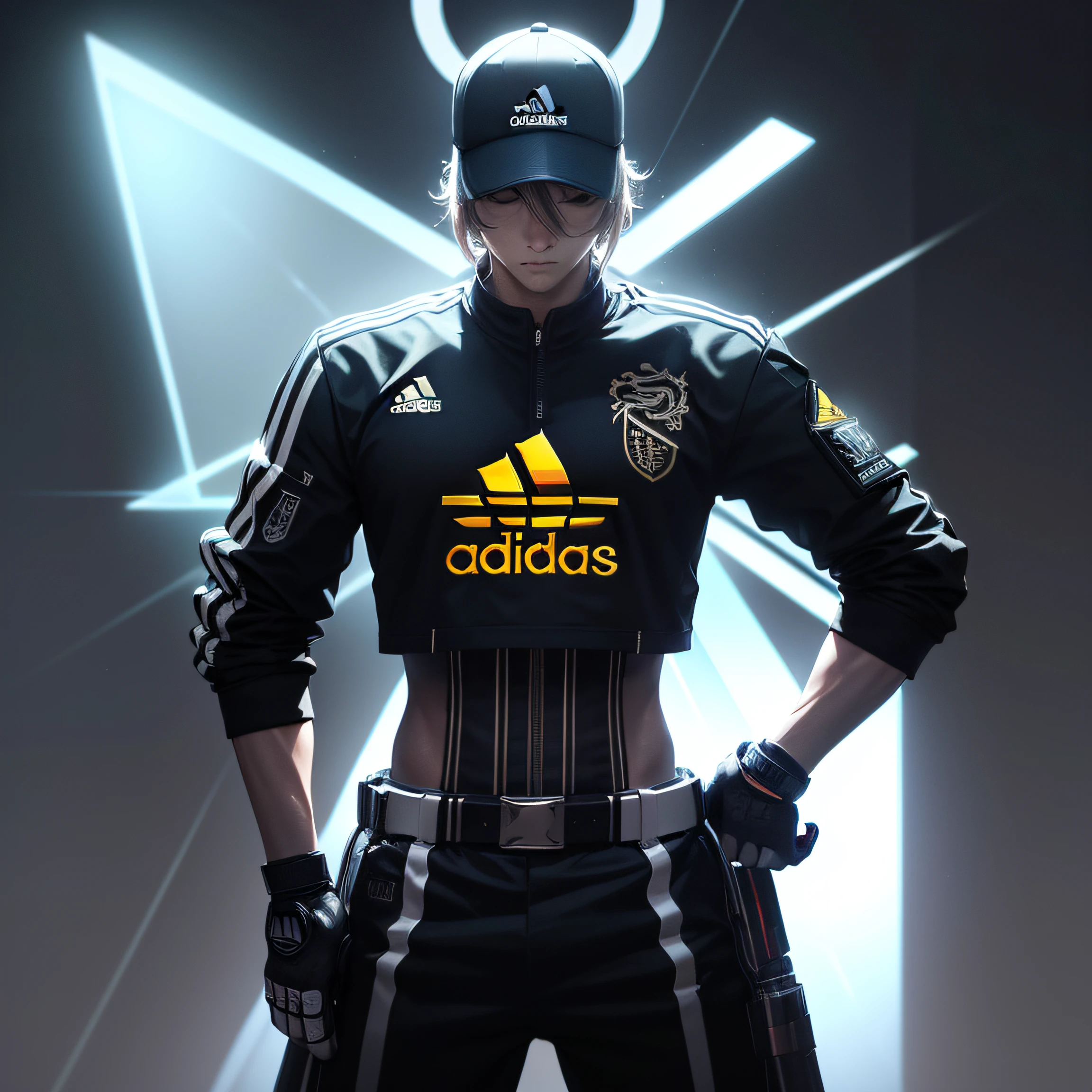 logo de adidas corporeo en backlight, luz blanca de noche oscura, neon, en estilo steampunk, con cables, partes mecanicas