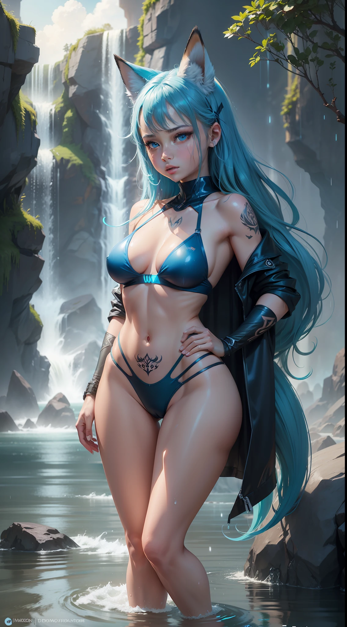 Full body portrait of a girl 20 years younger with cute fox ears. Perfect body, realistic perfect body composition, wet body in the rain, waterfall scene. Realistic beautiful blue eyes, cool face, fair skin, good looking, tattoo art, y liquid acrylic micro bikini, warm dreamy glow, volumetric glow, adventure style pulp, dynamic gradients, vivid colors, illustrations, highly detailed vector curves, simple, smooth and clean, vector art, smooth, vibrant, kiss High image quality, meticulous detail, flawless realistic work. Super realistic octane rendering, perfect layout, professional quality, high resolution, perfectly detailed background.