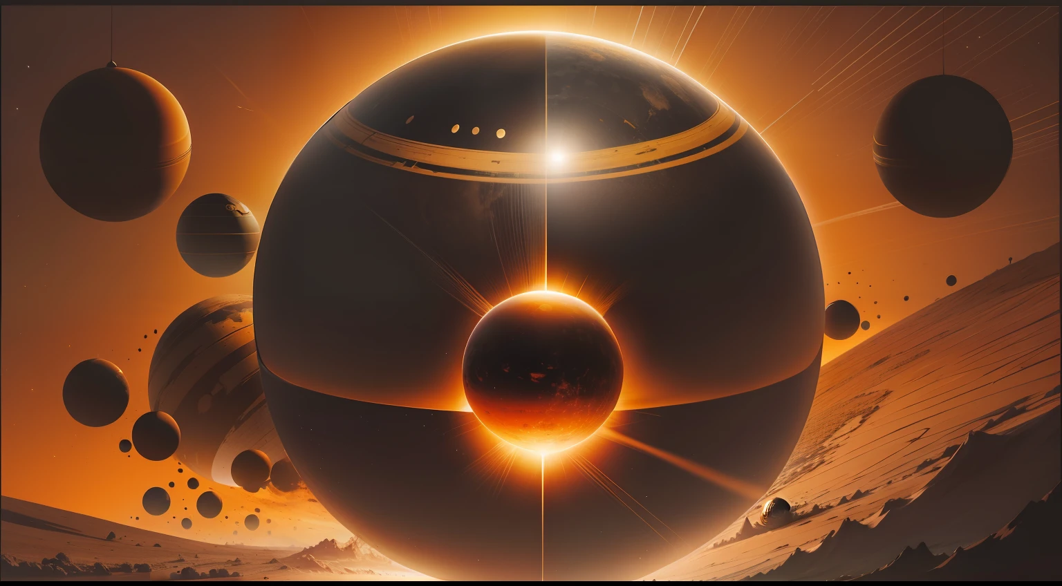 A black sun, and a yellow sun, together, on a planet, and people looking at the suns.