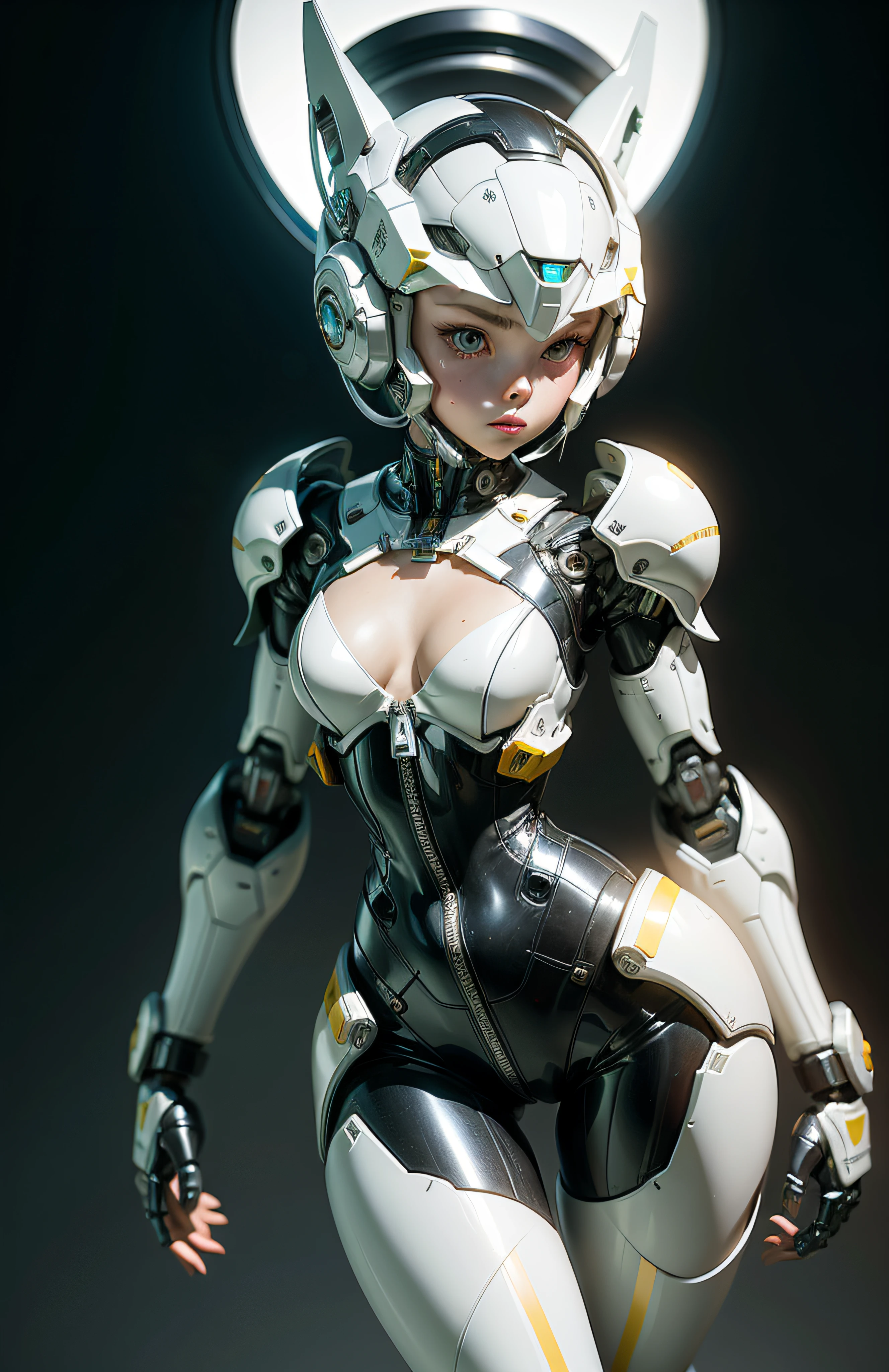 Very cute human 18 year old girl face, doll-like body with robot arm, robot waist and legs, very cute and feminine, short, petite, small, full hip, medium bust, tight-fitting white armor, cleavage, flat belly visible, helmet with antenna, robot joint, very stylish, Black rubber bodysuit with zipper