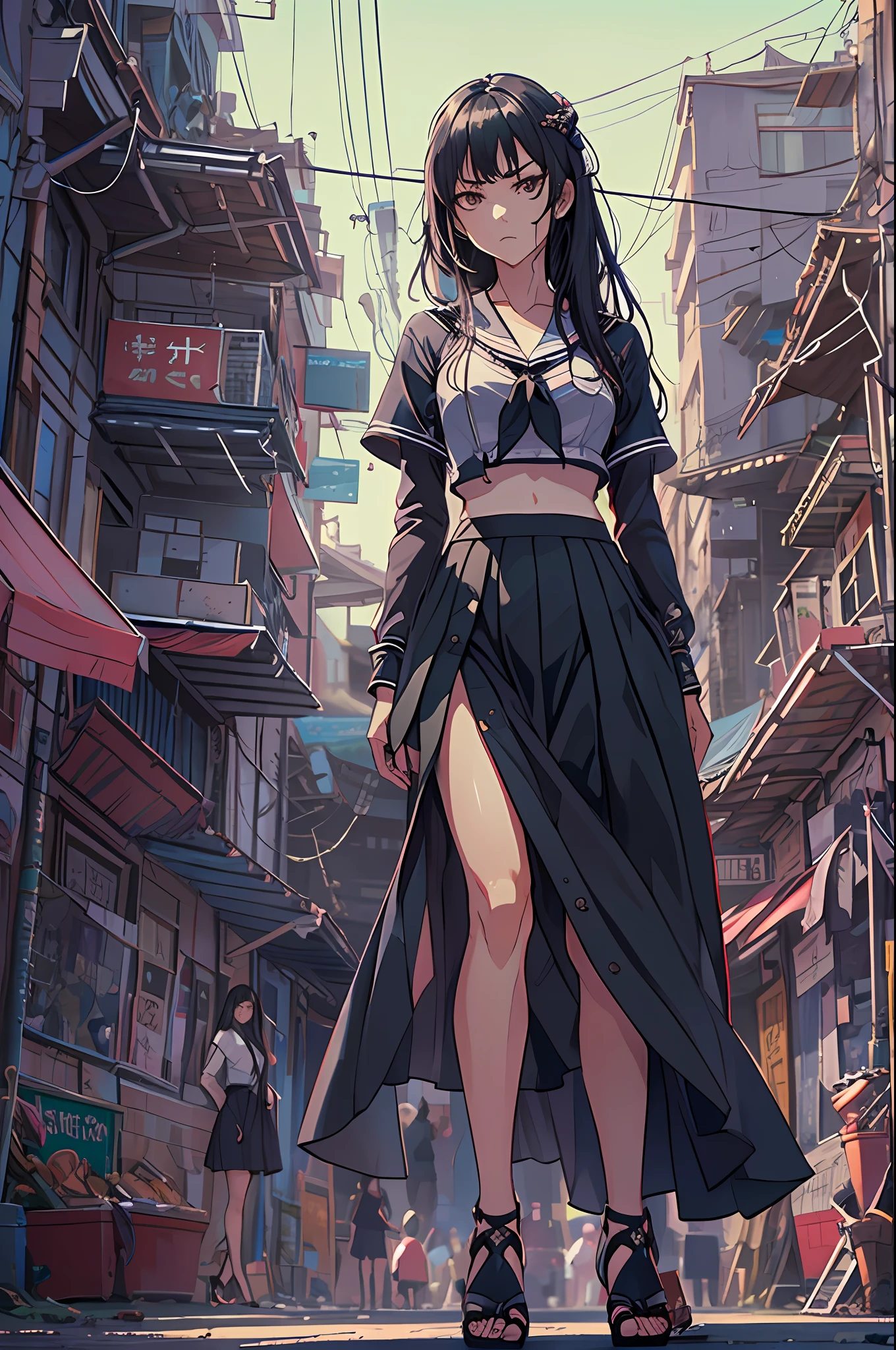 ​master piece,hyper quality, Hyper Detailed,Perfect drawing,nffsw,3D,in 8K,1 persons、a beauty girl,Wearing a black sailor suit with long black hair, pleatedskirt(Maxi skirt:1.3), standing with hands in her pockets, ((Glaring at me sharply, Condescending look from above)), Beautiful girl with an amazing face, long eyelashes, Slum、harems、(High heel sandals)、Dark eyeliner、Outrage、beatiful backgrounds、Detailed drawing、Accurate drawing、Anatomy of the human body、(((Shot from diagonally below)))、dignity、dignity、humble、domination、Strong surface