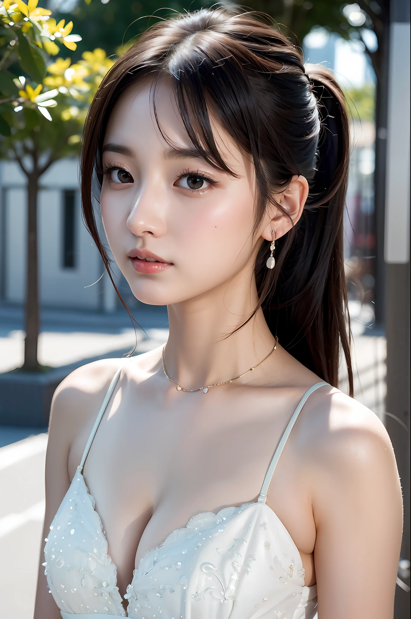 ((addielyn))、Random posture、(extremely delicate and beautiful work)、(masterpiece)、One girl、Highly Detailed Elegant Wedding Dresses、tiarra、A highly detailed、Warped ponytail、A charming expression、Beautiful and clear eyes、Green pupil、delicate necklaces、Delicate earrings、Simple blurry background、Description of extreme details、Beautiful fece、A charming、Ultra-fine painting、delicated face、Delicate figure、thin clavicle、Beautiful lips、Soft back view、mix4、(8K、Raw photography、top-quality、masterpiece:1.2), (reallistic, Photorealsitic:1.37),1girl in,Cute,Cityscape, natta, Sateen, Wetty, Professional Lighting, Photon mapping, Radio City, physically-based renderingt, above waist、乃木坂アイドル、韓国アイドル、hposing Gravure Idol、女優、