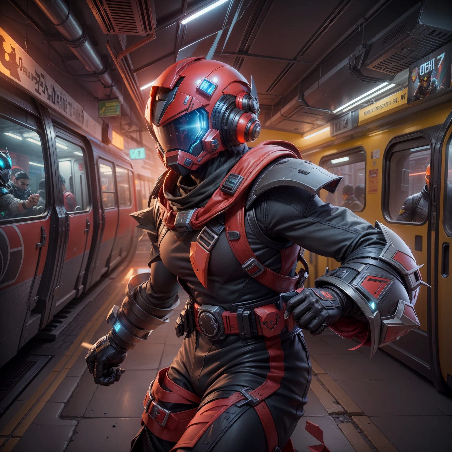 buzzworthy digital art of One character perfect mix of zero from megaman and ermac from mortal kombat 11 wielding a smg running through a subway, extremely detailed background, full body, unreal engine 5, ultra detailed, award-winning digital illustration, best quality, Rendered in Octane, trending on Artstation, trending on deviantart, contest winner, max details, Moody Lighting, Accent Lighting, Global illumination, Lumen Reflections, FKAA, TXAA, RTX, Post Processing, Post-Production, CGI, VFX, SFX, insanely detailed, bokeh, haze, hyper maximalist, ultra realistic, dynamic pose, full character pose, incredible artwork by roman kupriianov, mihai radu, brandon duffy, don dos santos, randy vargas, charlie wen, 8k, Trending on MidJourney, Award Winning, Timeless art work, Masterpiece, Genius, Worldclass, Extraordinary, top-notch, elite