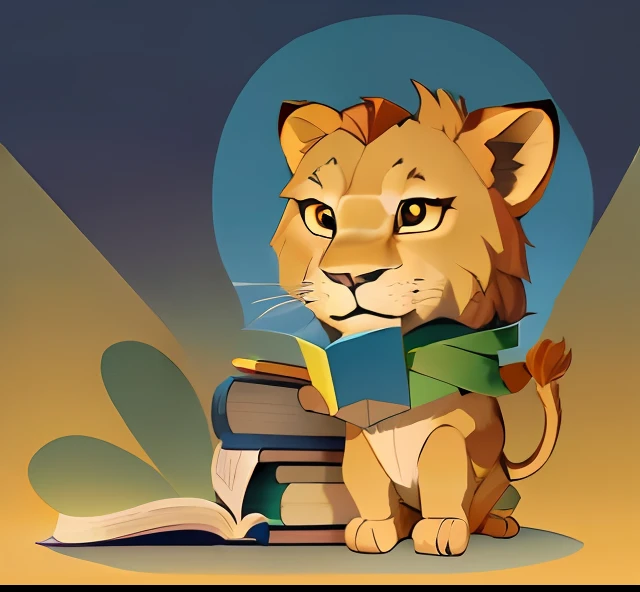 A cartoon lion stands next to a pile of books reading a book, Read a book next to a lion, Cute lion, avatar for website, lion, lion icon, Monkeys read, inquisitive, Profile picture, reddit post, Avatar image, aslan the lion, inspired by Leo Leuppi, simba, author：Inglida Juniper, no gradien