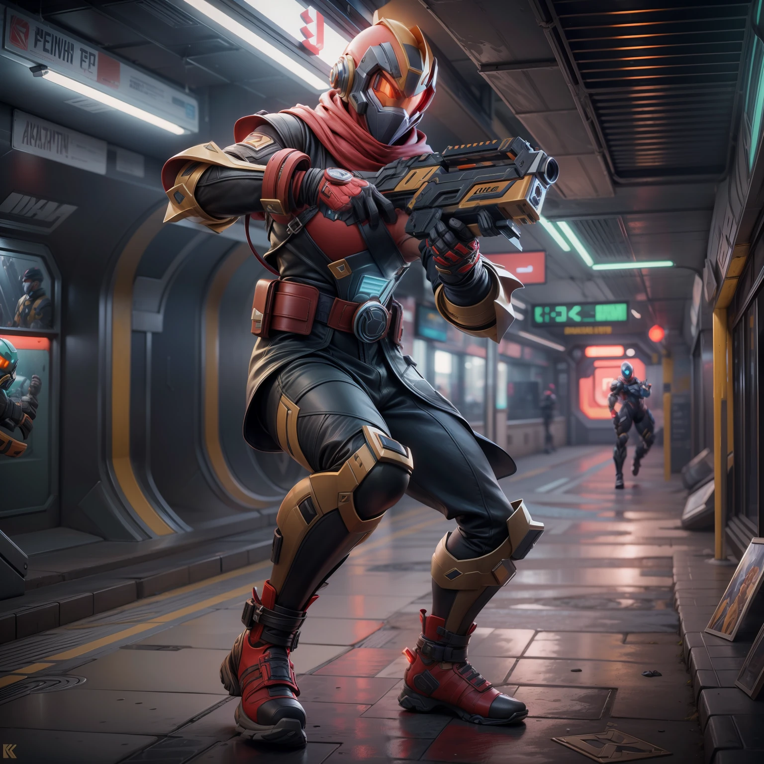 buzzworthy digital art of One character perfect mix of zero from megaman and ermac from mortal kombat 11 wielding a smg running through a subway, extremely detailed background, full body, unreal engine 5, ultra detailed, award-winning digital illustration, best quality, Rendered in Octane, trending on Artstation, trending on deviantart, contest winner, max details, Moody Lighting, Accent Lighting, Global illumination, Lumen Reflections, FKAA, TXAA, RTX, Post Processing, Post-Production, CGI, VFX, SFX, insanely detailed, bokeh, haze, hyper maximalist, ultra realistic, dynamic pose, full character pose, incredible artwork by roman kupriianov, mihai radu, brandon duffy, don dos santos, randy vargas, charlie wen, 8k, Trending on MidJourney, Award Winning, Timeless art work, Masterpiece, Genius, Worldclass, Extraordinary, top-notch, elite