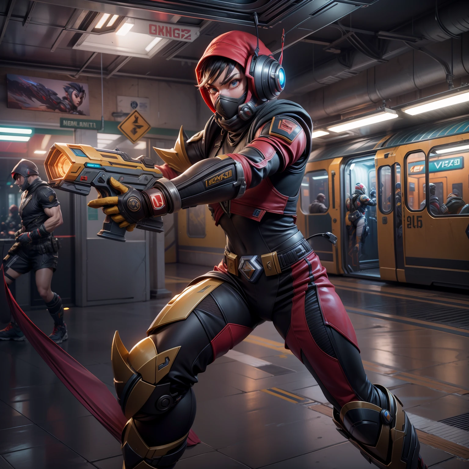 buzzworthy digital art of One character perfect mix of zero from megaman and ermac from mortal kombat 11 wielding a smg running through a subway, extremely detailed background, full body, unreal engine 5, ultra detailed, award-winning digital illustration, best quality, Rendered in Octane, trending on Artstation, trending on deviantart, contest winner, max details, Moody Lighting, Accent Lighting, Global illumination, Lumen Reflections, FKAA, TXAA, RTX, Post Processing, Post-Production, CGI, VFX, SFX, insanely detailed, bokeh, haze, hyper maximalist, ultra realistic, dynamic pose, full character pose, incredible artwork by roman kupriianov, mihai radu, brandon duffy, don dos santos, randy vargas, charlie wen, 8k, Trending on MidJourney, Award Winning, Timeless art work, Masterpiece, Genius, Worldclass, Extraordinary, top-notch, elite