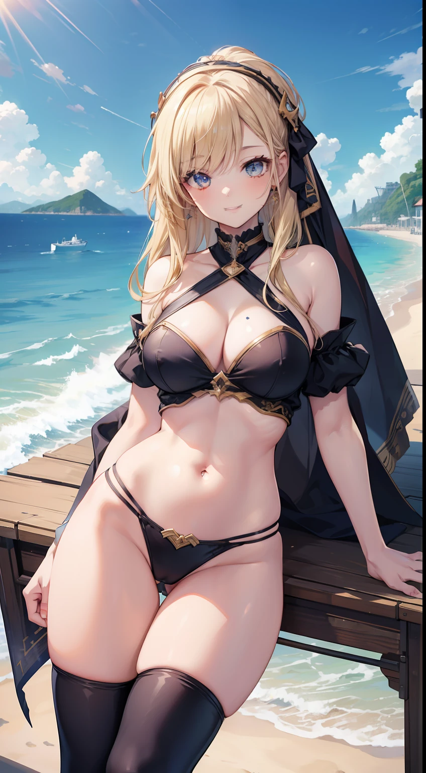 masterpiece, best quality, HD 4K, Girl, best anatomy, pretty face, pretty body, anime, anime style, eyes, nose, ear, smile, lips, neck shoulders, medieval full outfit, perfect belly, thin waist, thick legs, big thigh, background scenery, bad, beach, ship port