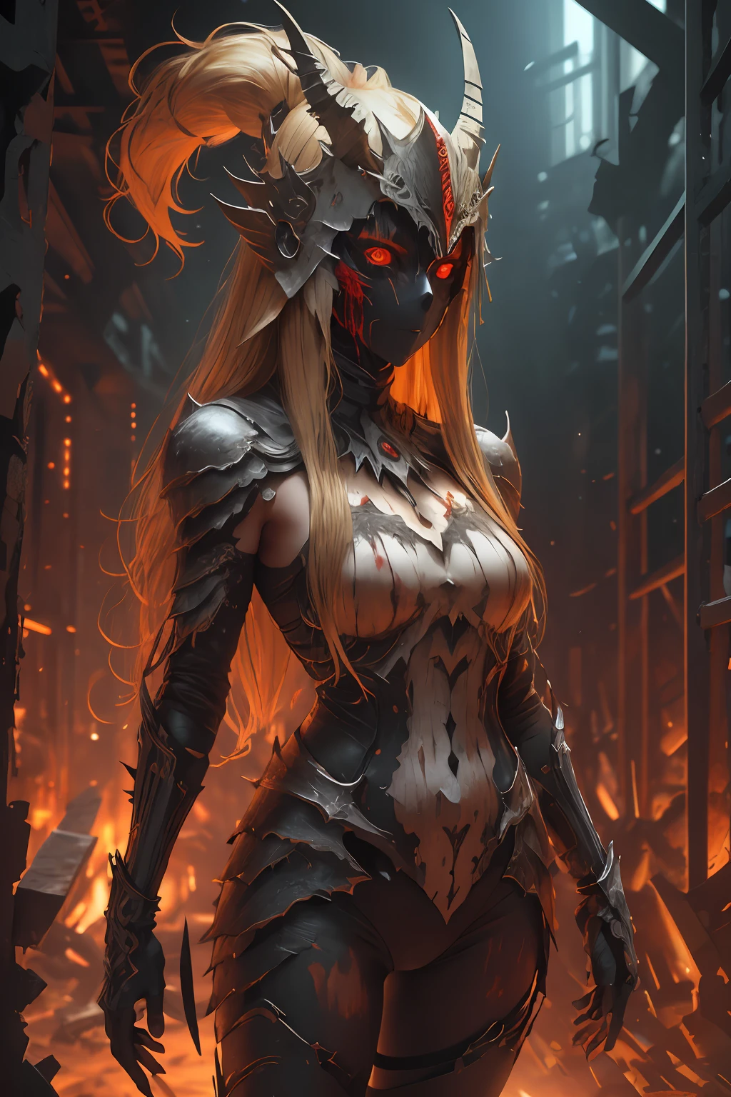 sh4g0d,
girl , wearing mask made of wood, portrait, standing, dark blonde straight long hair, horror , covered in blood, great details and colour