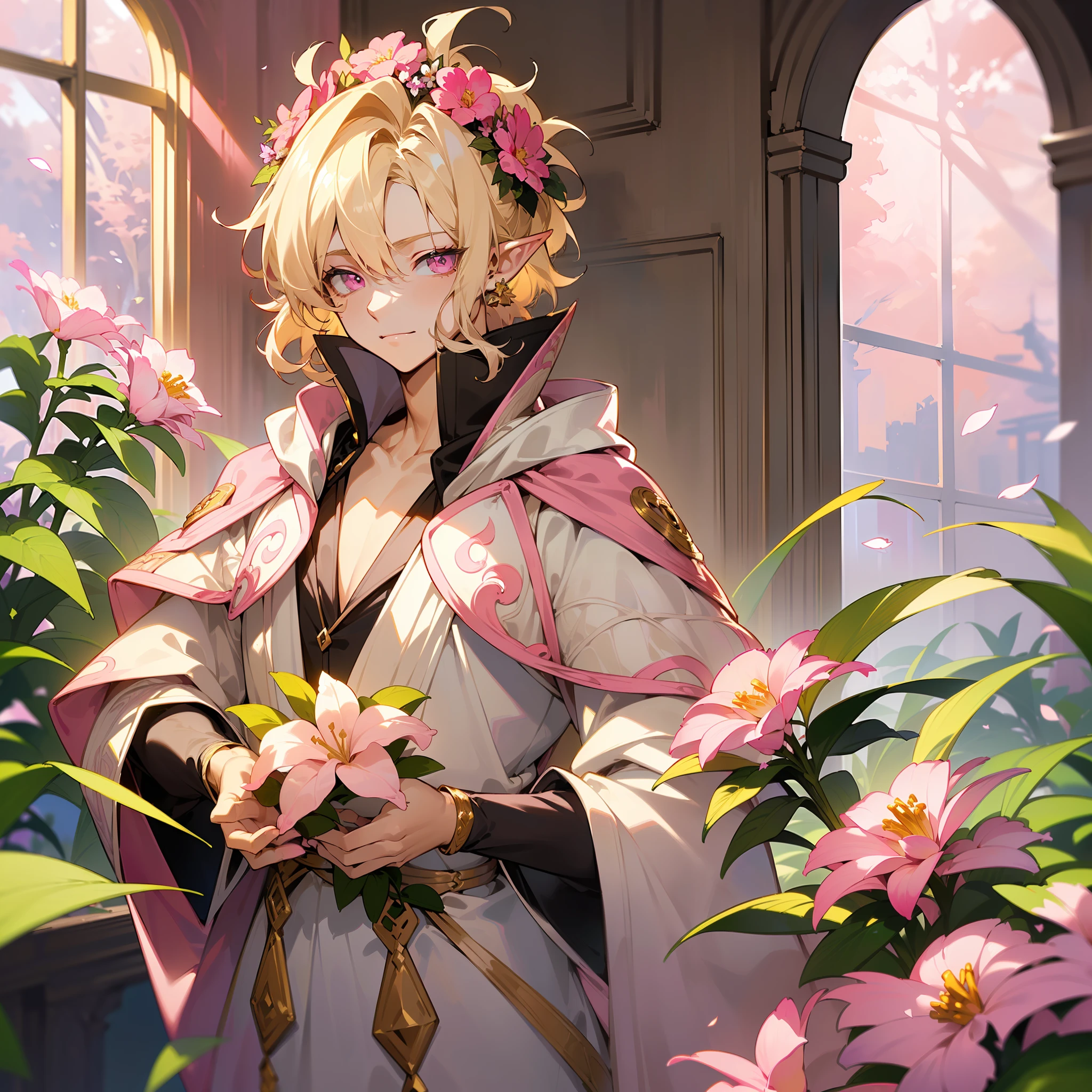 one young man, twink, (((male))), (((man))), (((one person))), (1guy), (((single))), (((solo))), (((very light blonde hair))), (((light blonde colored hair))), (((very light blonde colored hair))), (((pink colored eyes))), (medium short hair), (chin-length hair), wavy hair, slim body, ((flat chest)), (((fantasy style))), (((wearing flowers in his hair))), flowercrown, ((pointy ears)), (((light pink colored eyes))), ((light pink colored eyes)), (light pink colored eyes), (standing inside a fantasy palace), (sunlight falling in through big detailed windows), room is decorated with a few flowers in vases, (((wearing sorcerer robes))), (((fantasy outfit))), smiling, (((casting a spell))), (((magic))), (((sorcerer))), detailed robes, white clothes, gold details