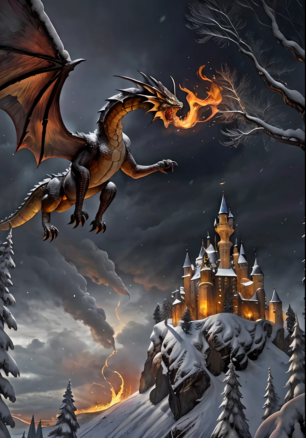 A European dragon is flying, its mouth spouting a golden flame, below lies some castles, in the distance is a gloomy grey sky, with snow blanketing the tree branches, the atmosphere is melancholic and dismal