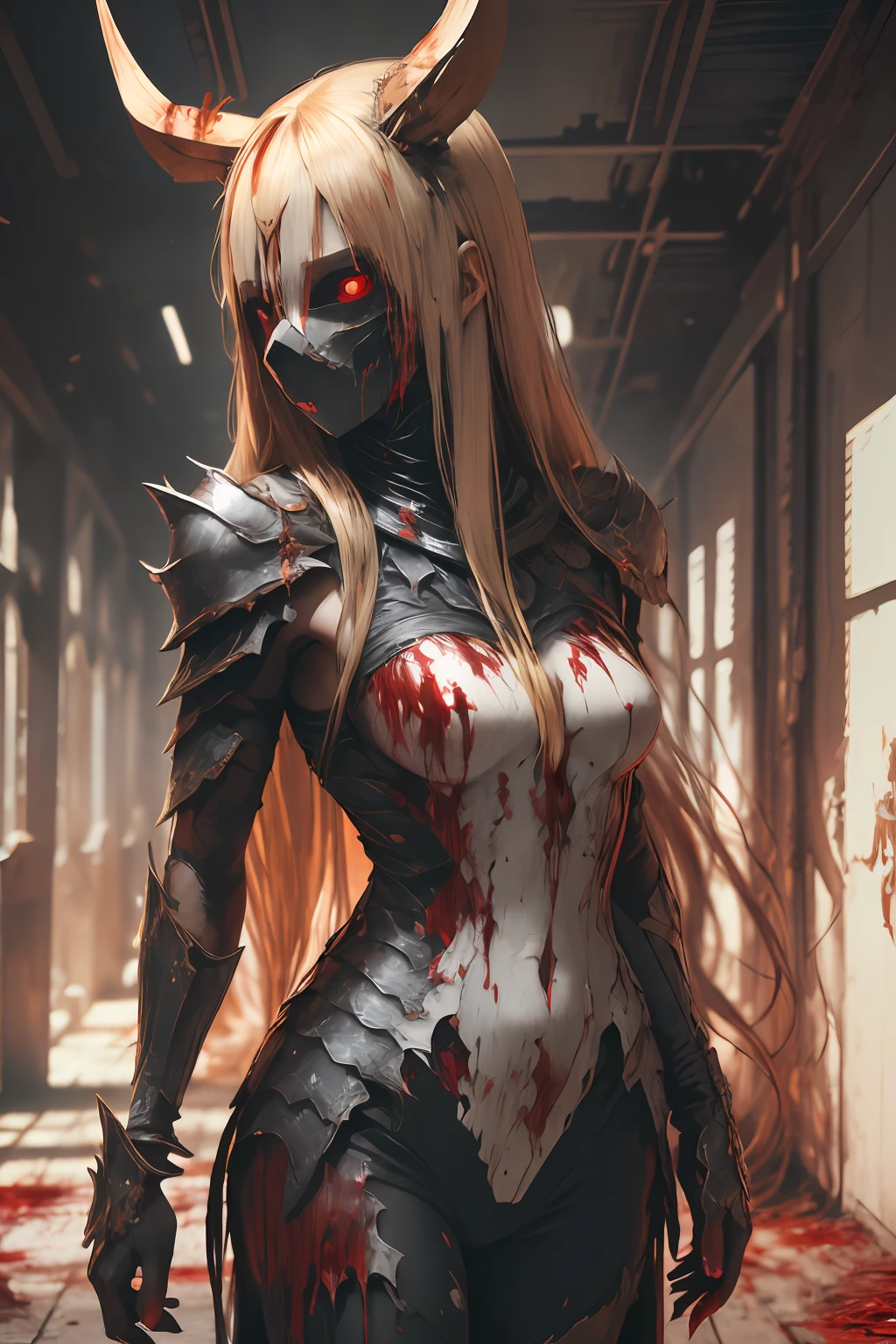 sh4g0d,
girl , wearing mask made of wood, portrait, standing, dark blonde straight long hair, horror style, covered in blood, great details and colour