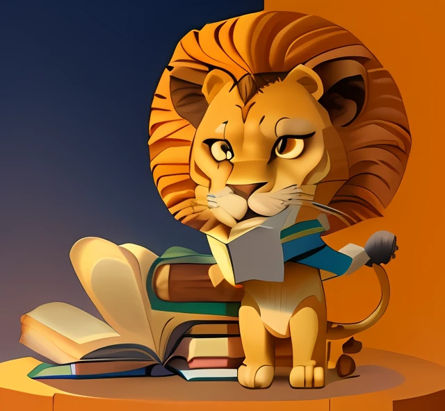 A cartoon lion stands next to a pile of reading books, Read next to the lion, Cute lion, avatar for website, lion, lion icon, Monkeys read, inquisitive, Profile picture, reddit post, Avatar image, aslan the lion, inspired by Leo Leuppi, simba, author:Inglida juniper, no gradien,detail-rich,wears glasses