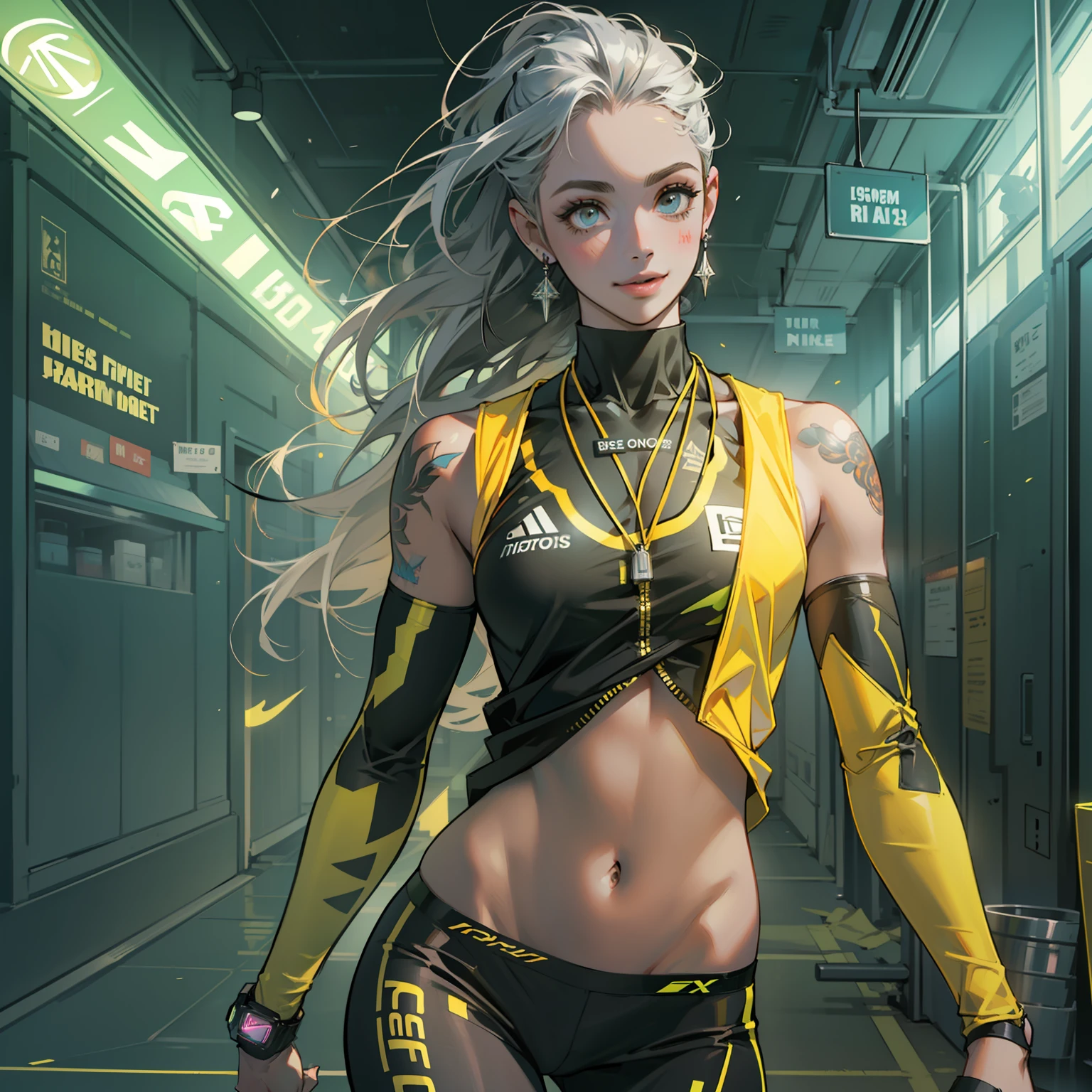Best quality,tmasterpiece,Ultra-high resolution fills the picture,Indoor at night,Neon lights,Yellow color scheme,Rich egg yellow,Silvery-white hair,Yellow and black tights,Yellow and black color scheme clothing,Sporty skirts,the complex background,Weight instruments in the background,High-tech screen in the background,Lateral face,Smiling,Dress less,There are fitness elements in the rear,nike,nike,nike,Tech gym,Perfect makeup,Love eyes,8K quality,Cyberpunk,sense of science and technology,Character backlighting,rim-light,Movement changes,Flowing hairstyle,Loose hairstyle,The number of fingers is refined,Full body in camera,9 doppelganger diagram,Luminous stud earrings,Luminous digital necklace,Electronic digital watches,The most beautiful girl in mankind,Delicate close-up of the face,Realistic image quality,Super light and shadow,Very good figure,Meticulous,Arrow symbol,Brand sense,English slogan neon,Runway lights,Fitness gym at night,Very good figure,Raised sexy,luminous,Faraway view,Full body in camera