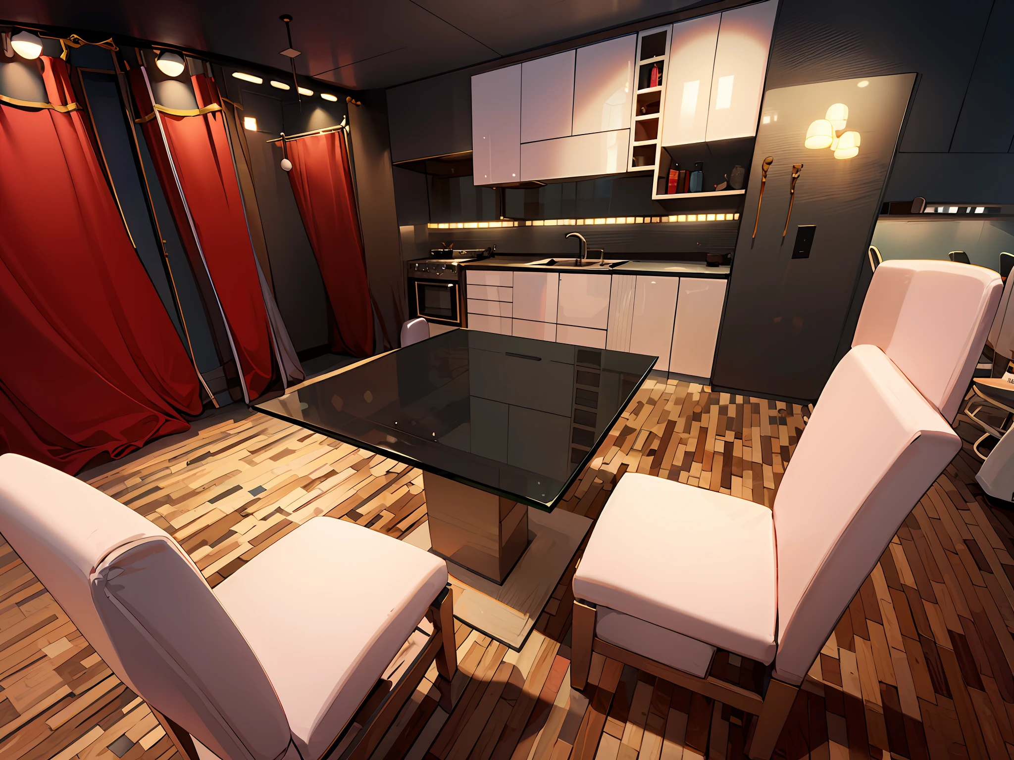 Cocina muy luminosa Muebles en marmol blanco y negro con detalles en dorado sillon en cuero rojo mesa en ceistal cortinas rojas
