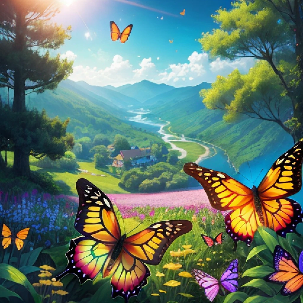 A breathtaking natural scenery with vibrant butterflies dancing in the air.