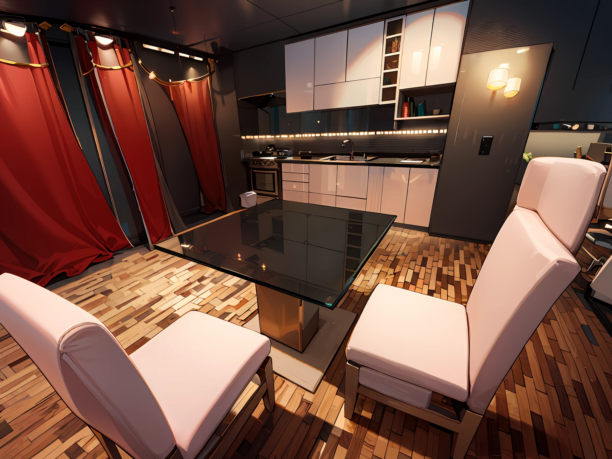 Cocina muy luminosa Muebles en marmol blanco y negro con detalles en dorado sillon en cuero rojo mesa en ceistal cortinas rojas