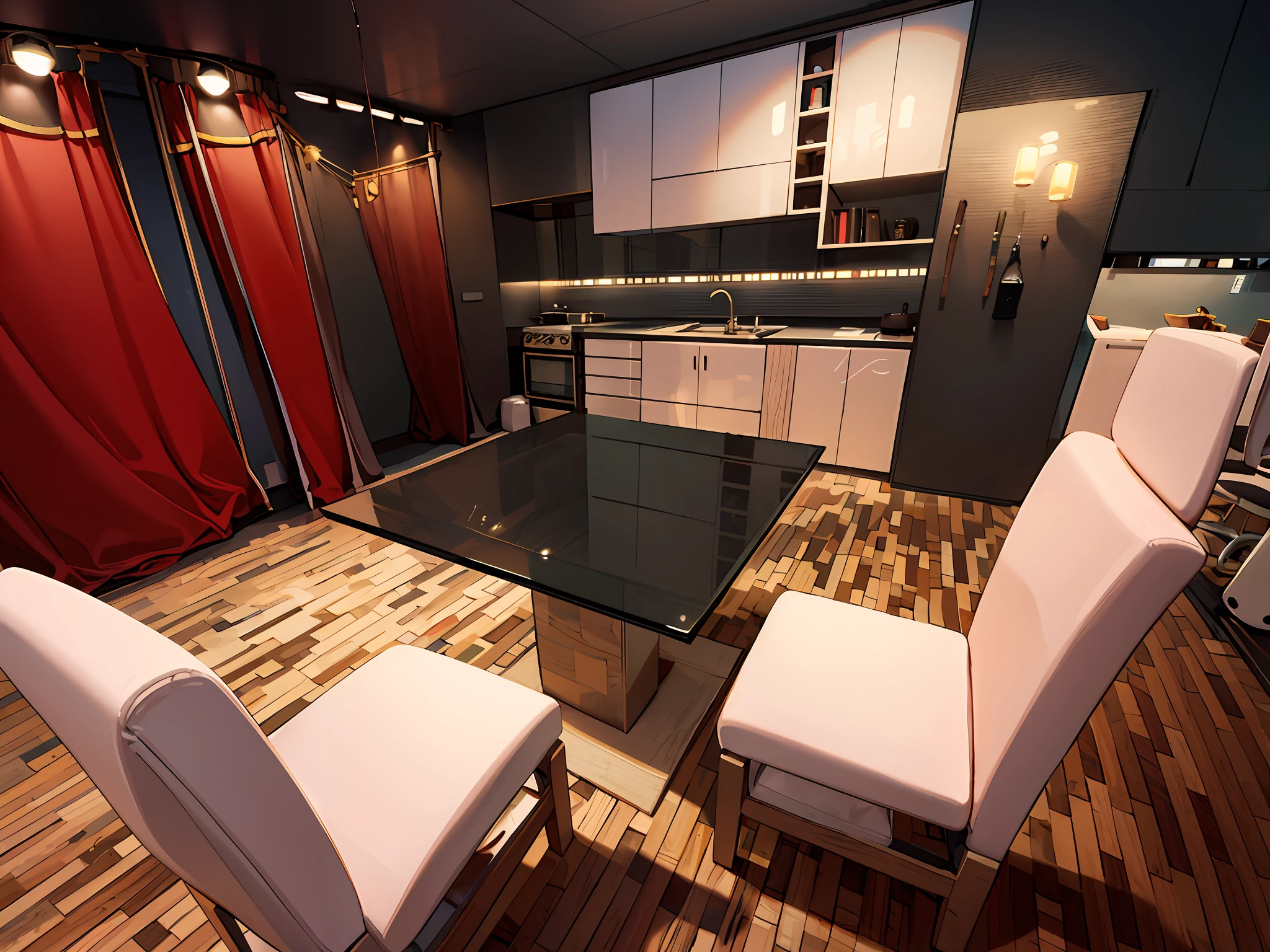 Cocina muy luminosa Muebles en marmol blanco y negro con detalles en dorado sillon en cuero rojo mesa en ceistal cortinas rojas